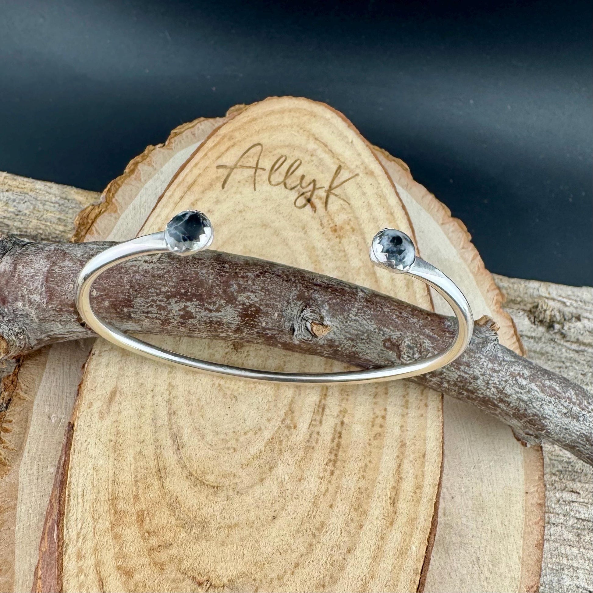 White Buffalo Sterling Silver Dainty Cuff Bracelet - 6mm Kingman Double Bezel Reverse Design