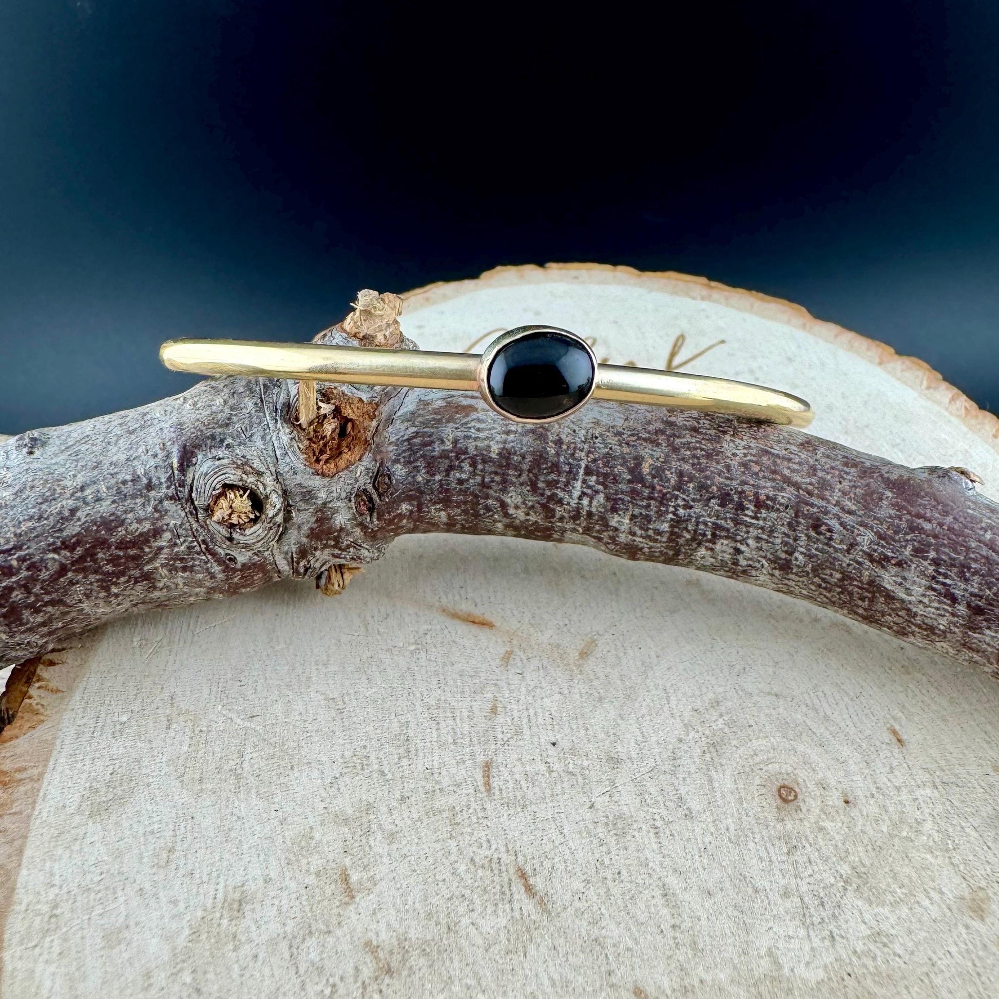Brass & Onyx Bezel Cuff Bracelet – Adjustable Statement Piece