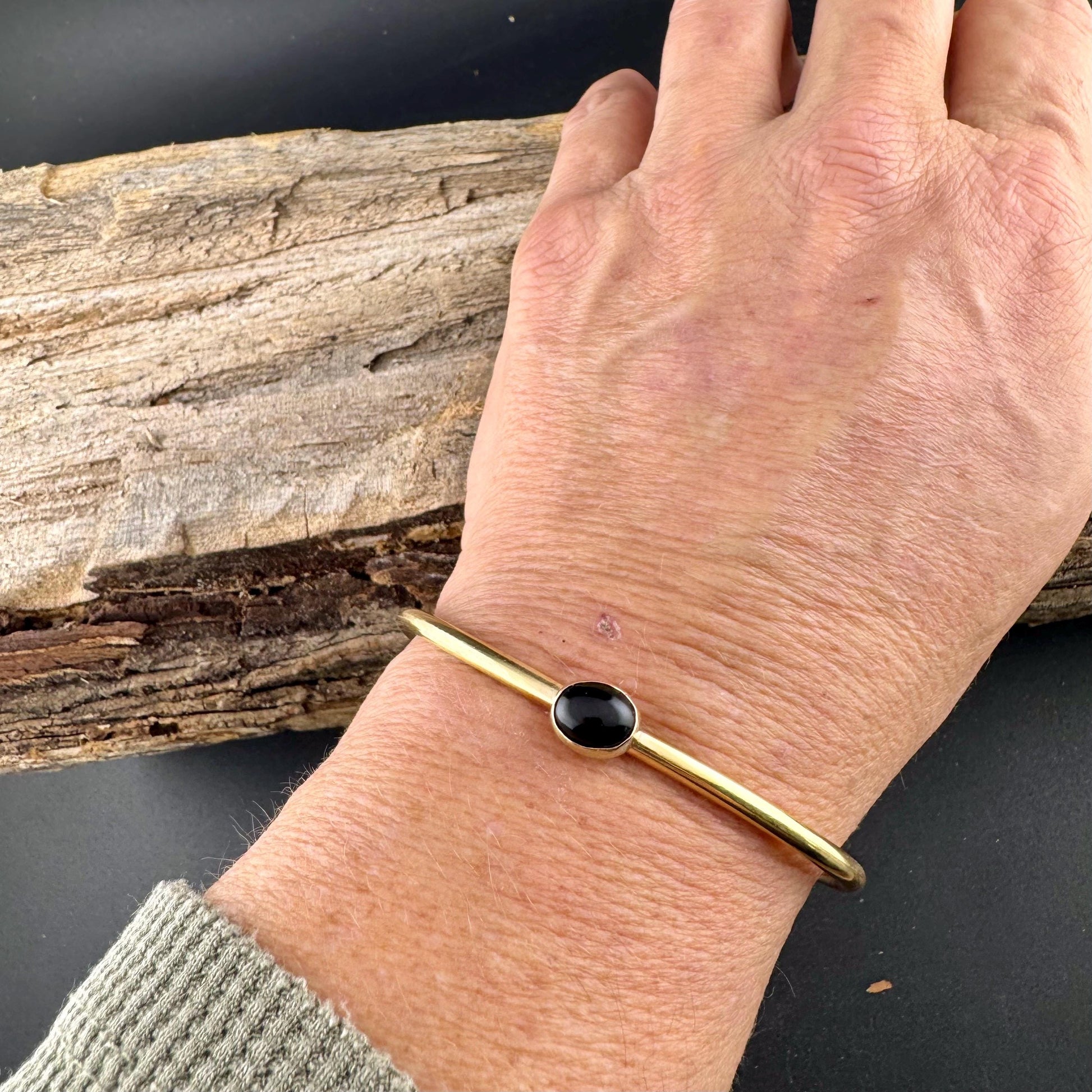 Brass & Onyx Bezel Cuff Bracelet – Adjustable Statement Piece