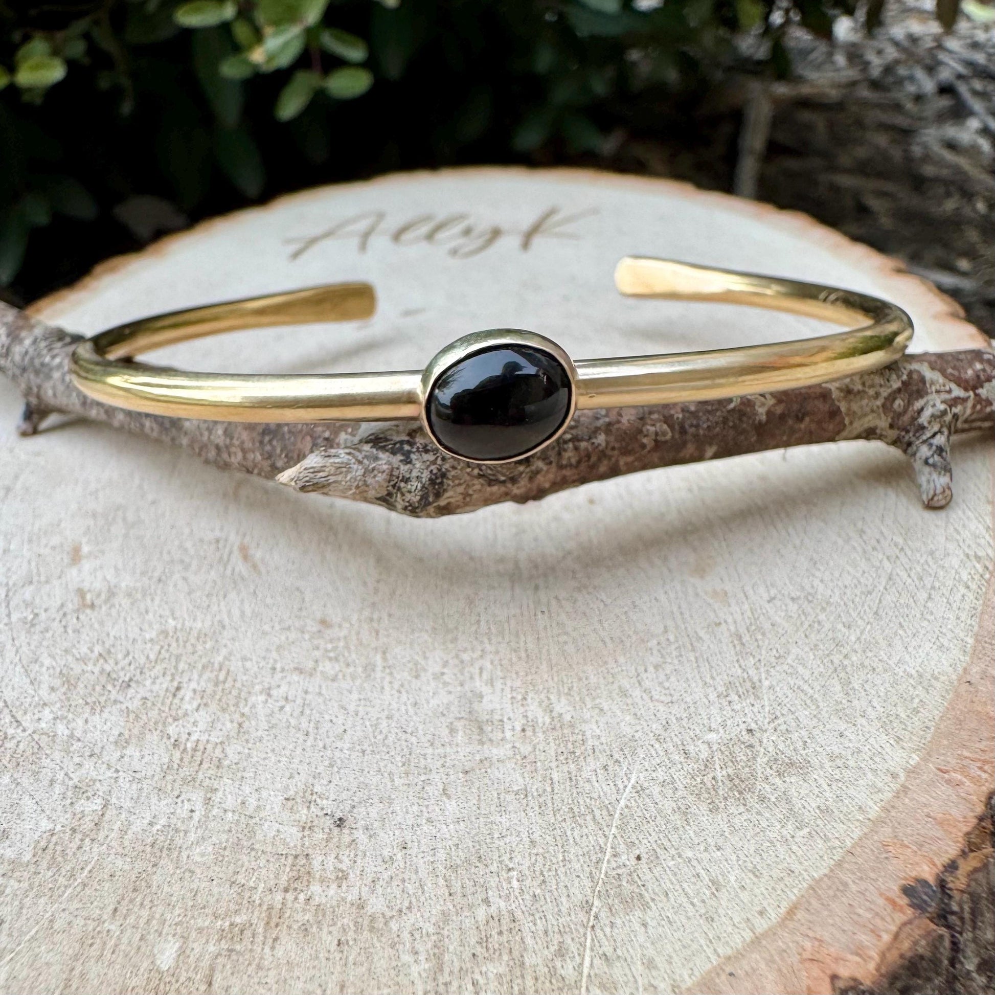 Brass & Onyx Bezel Cuff Bracelet – Adjustable Statement Piece