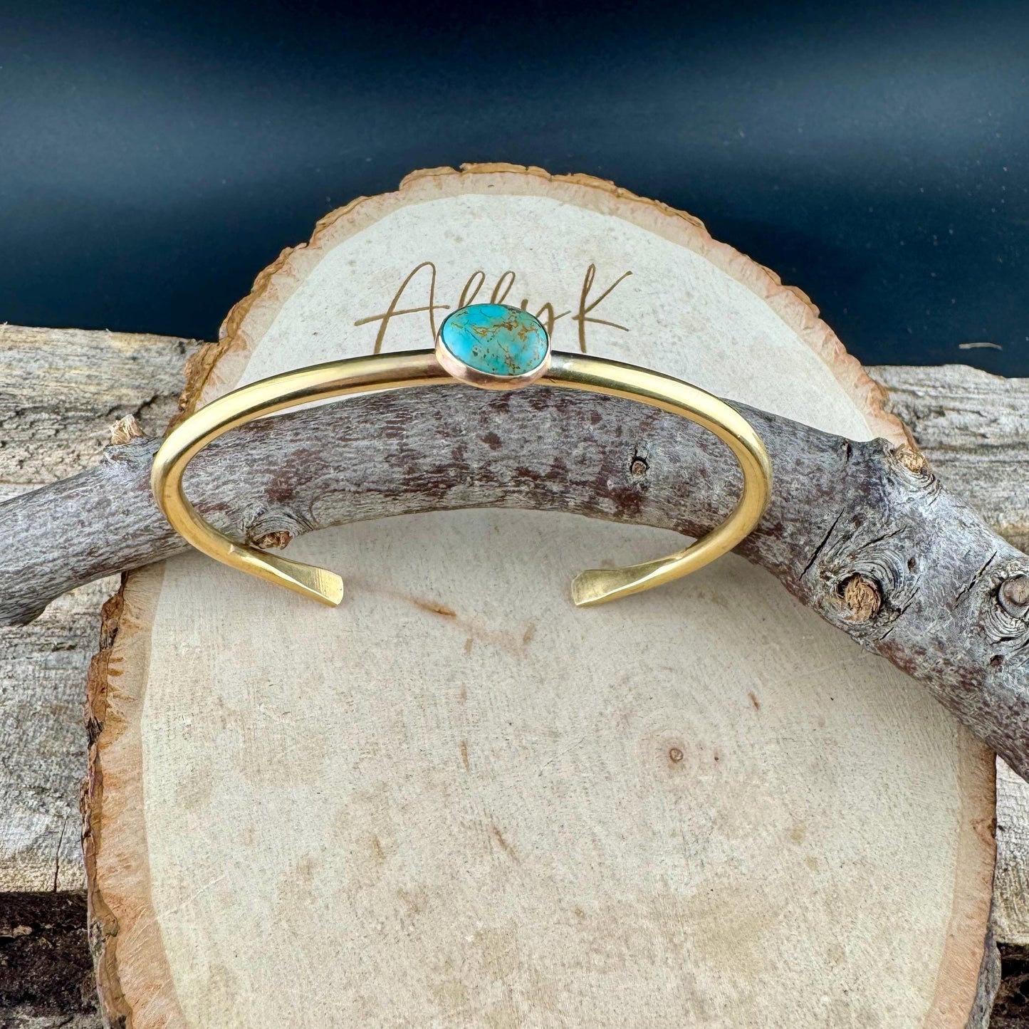 Brass Turquoise Bezel Bracelet – Handmade Adjustable Cuff Jewelry