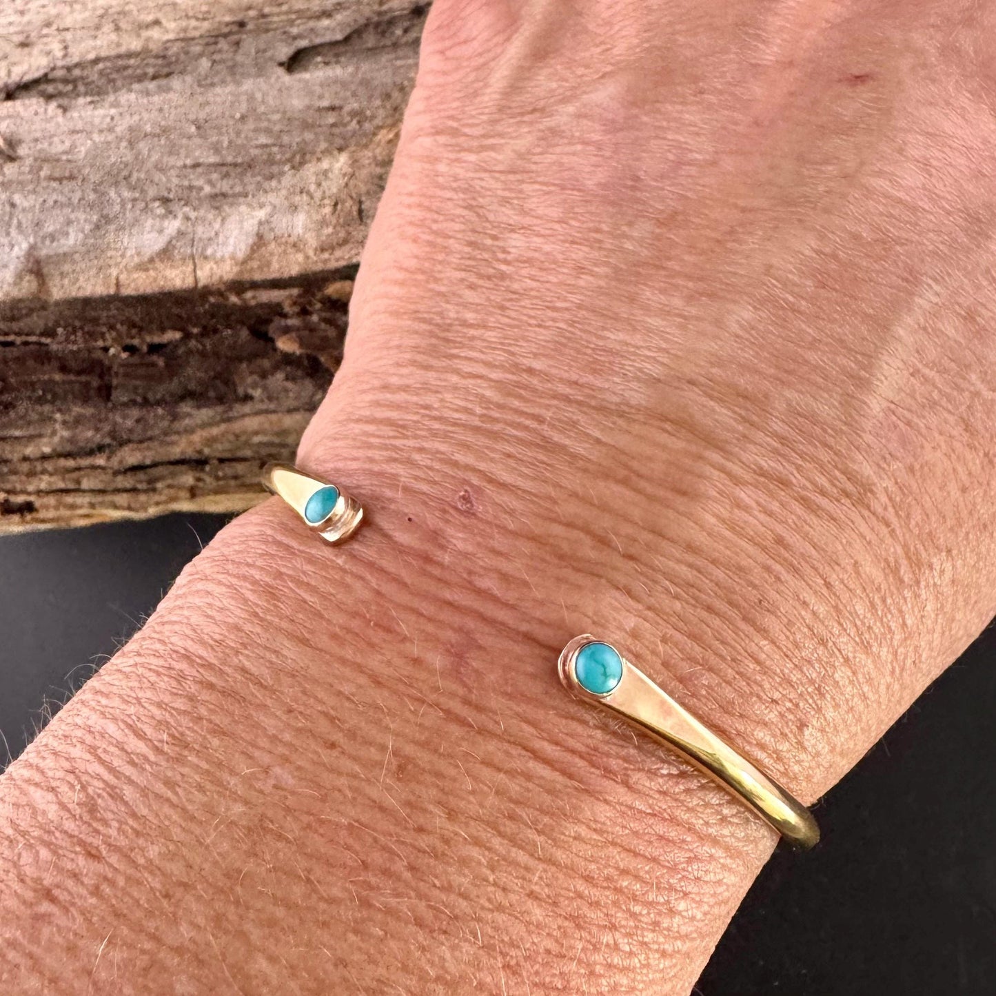 Dainty Brass Turquoise Cuff Bracelet - 4mm Kingman Double Bezel Reverse Design