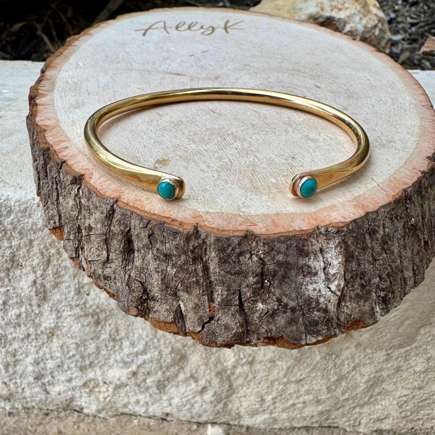 Dainty Brass Turquoise Cuff Bracelet - 4mm Kingman Double Bezel Reverse Design
