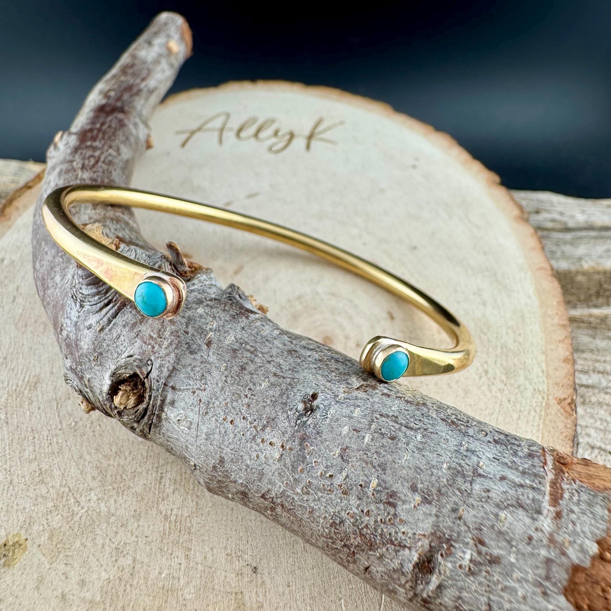 Dainty Brass Turquoise Cuff Bracelet - 4mm Kingman Double Bezel Reverse Design