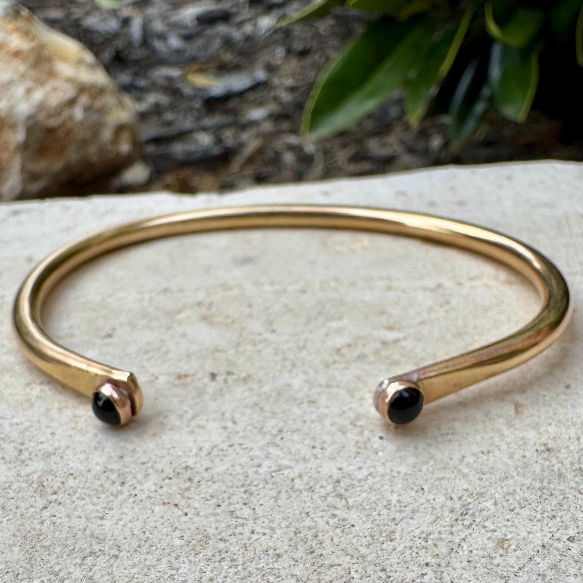 Onyx Brass Dainty Cuff Bracelet - 4mm Black Onyx Double Bezel Reverse Design