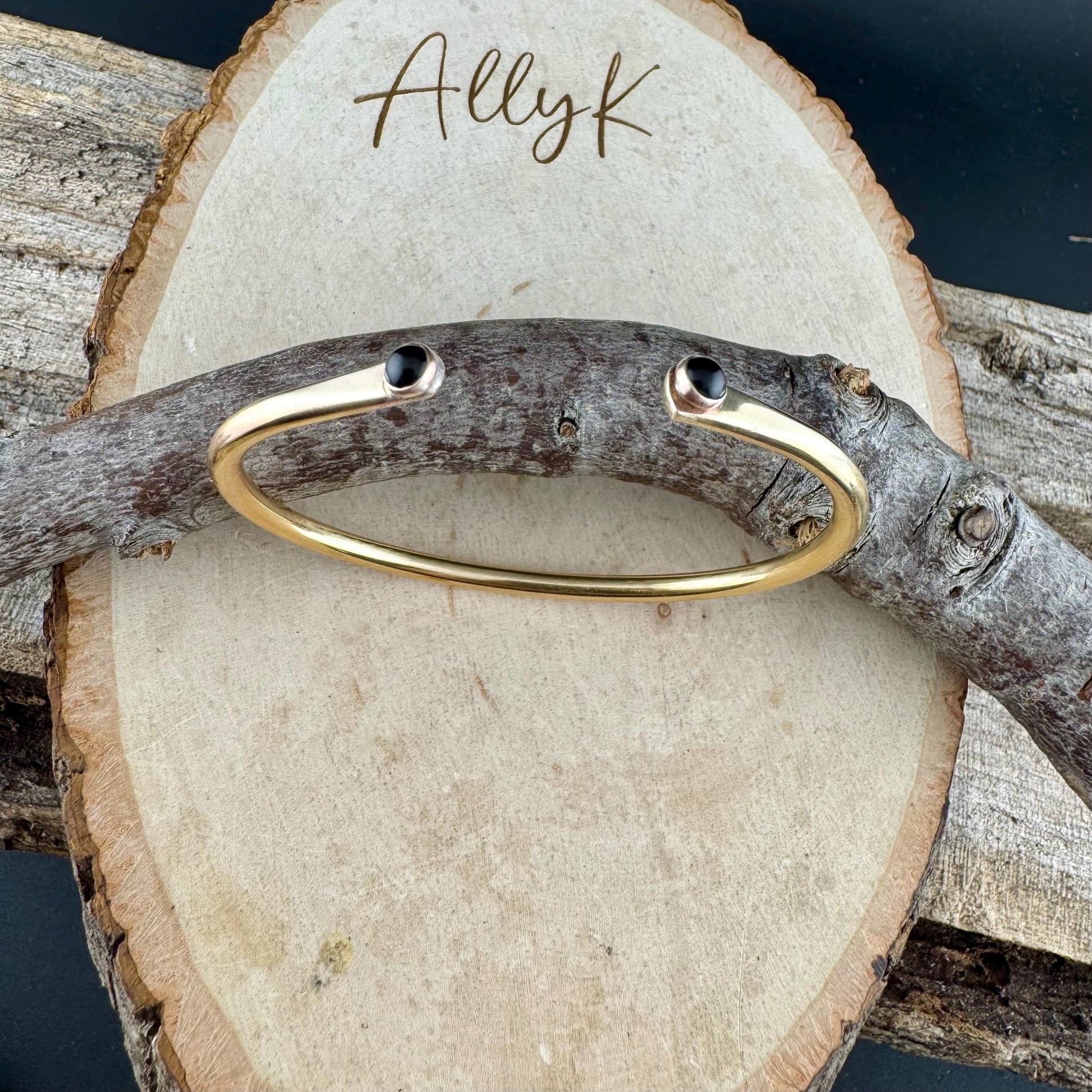 Onyx Brass Dainty Cuff Bracelet - 4mm Black Onyx Double Bezel Reverse Design