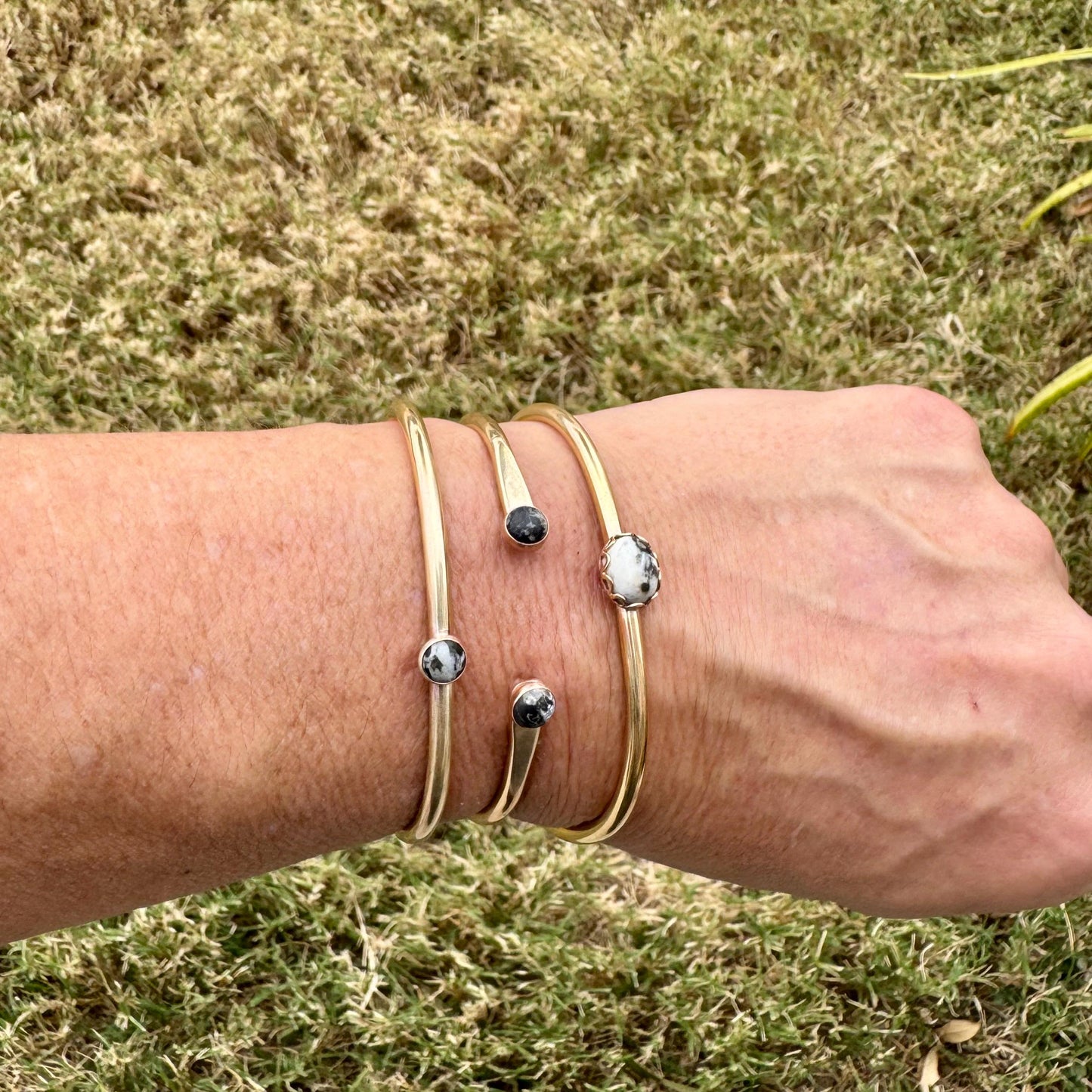 White Buffalo Turquoise Bezel Brass Bracelet – Handmade Adjustable Cuff Jewelry