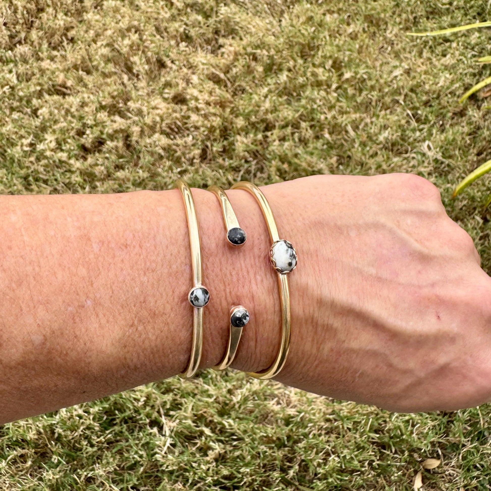 White Buffalo Turquoise Bezel Brass Bracelet – Handmade Adjustable Cuff Jewelry