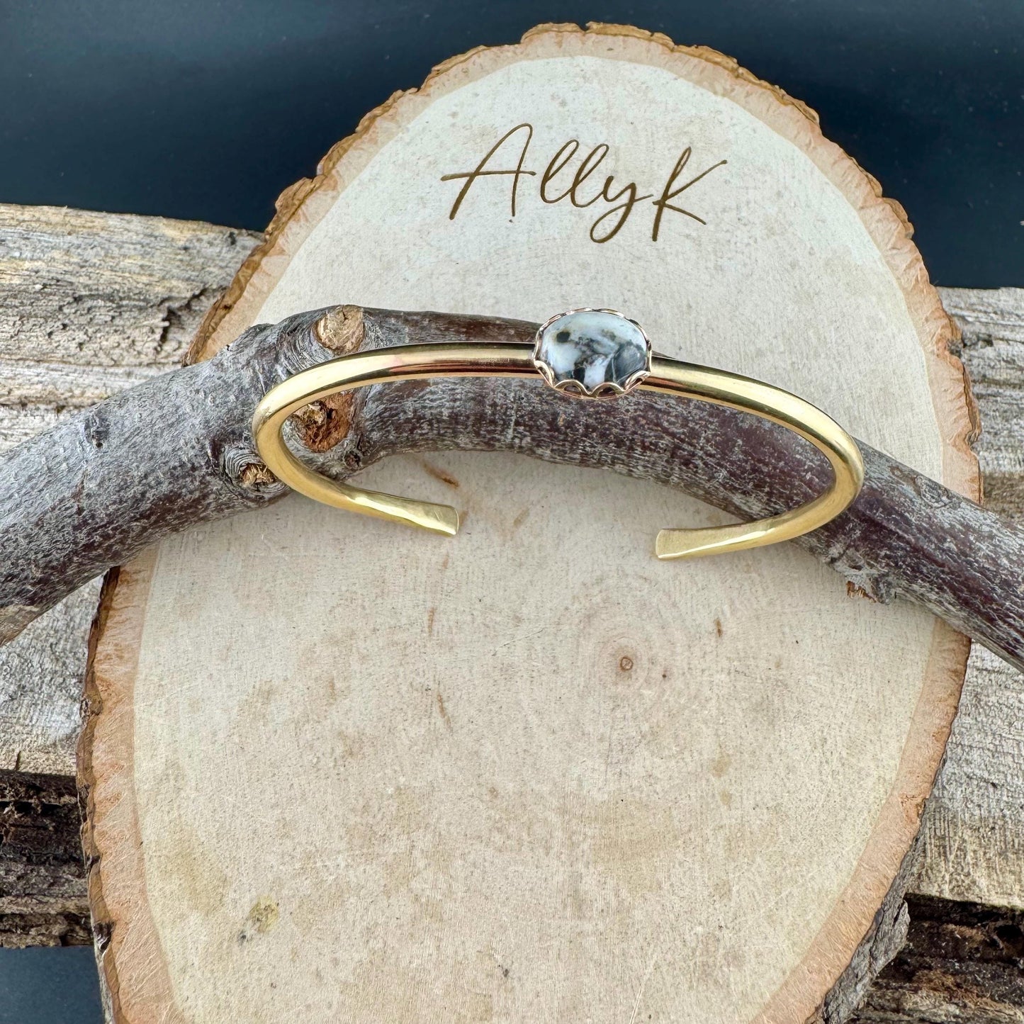 White Buffalo Turquoise Bezel Brass Bracelet – Handmade Adjustable Cuff Jewelry