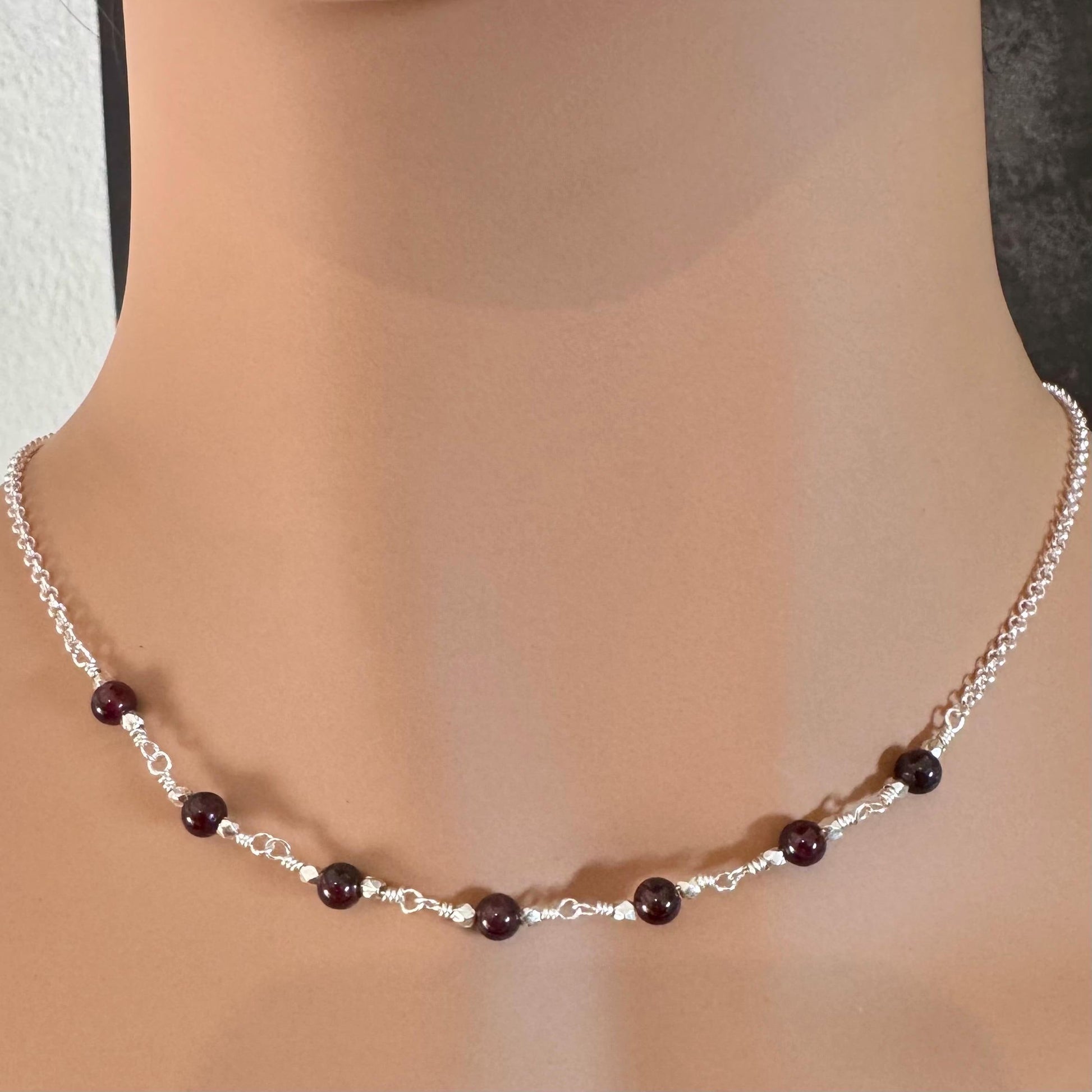 Garnet Sterling Silver Chain Bar Necklace, Unique Gemstone Necklace