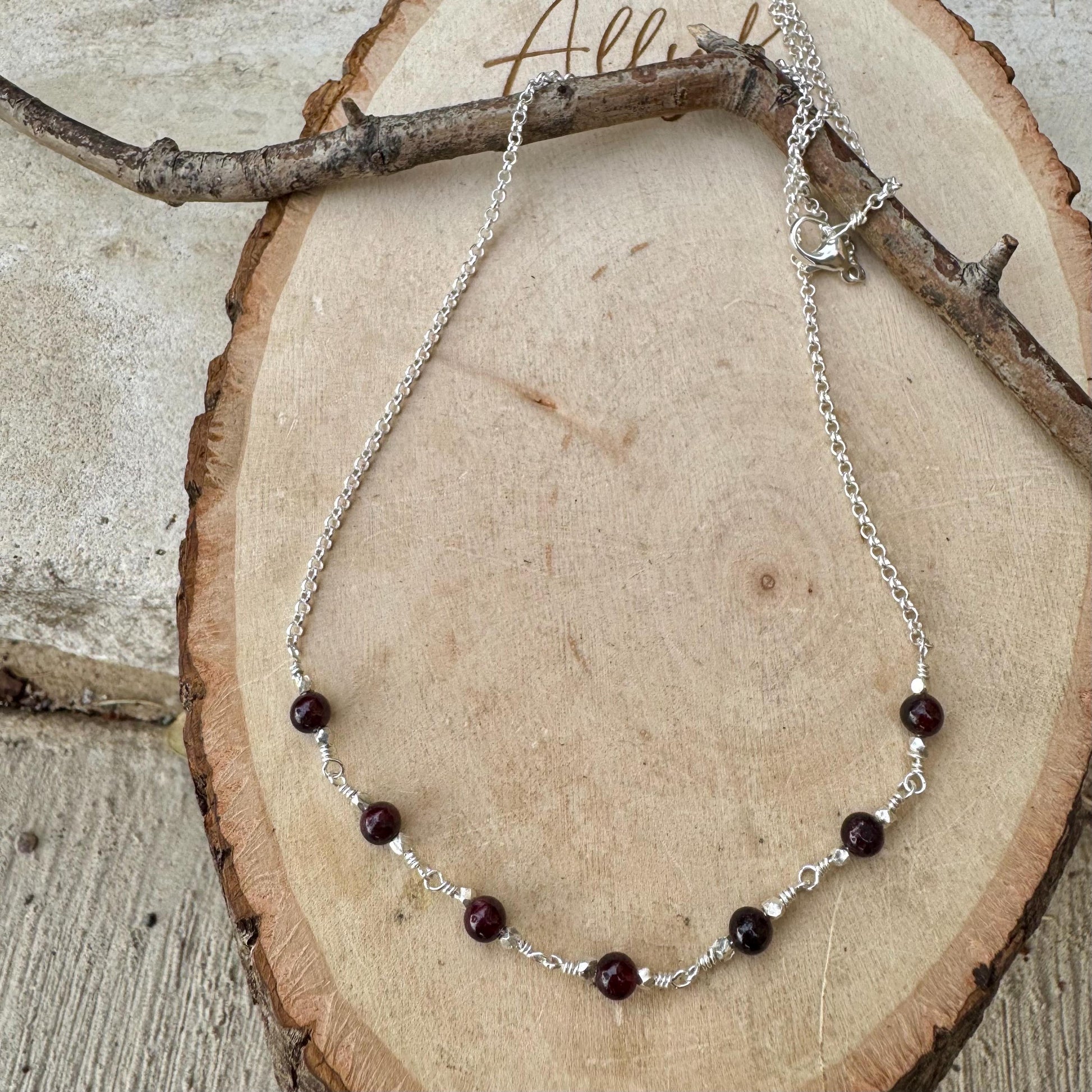 Garnet Sterling Silver Chain Bar Necklace, Unique Gemstone Necklace