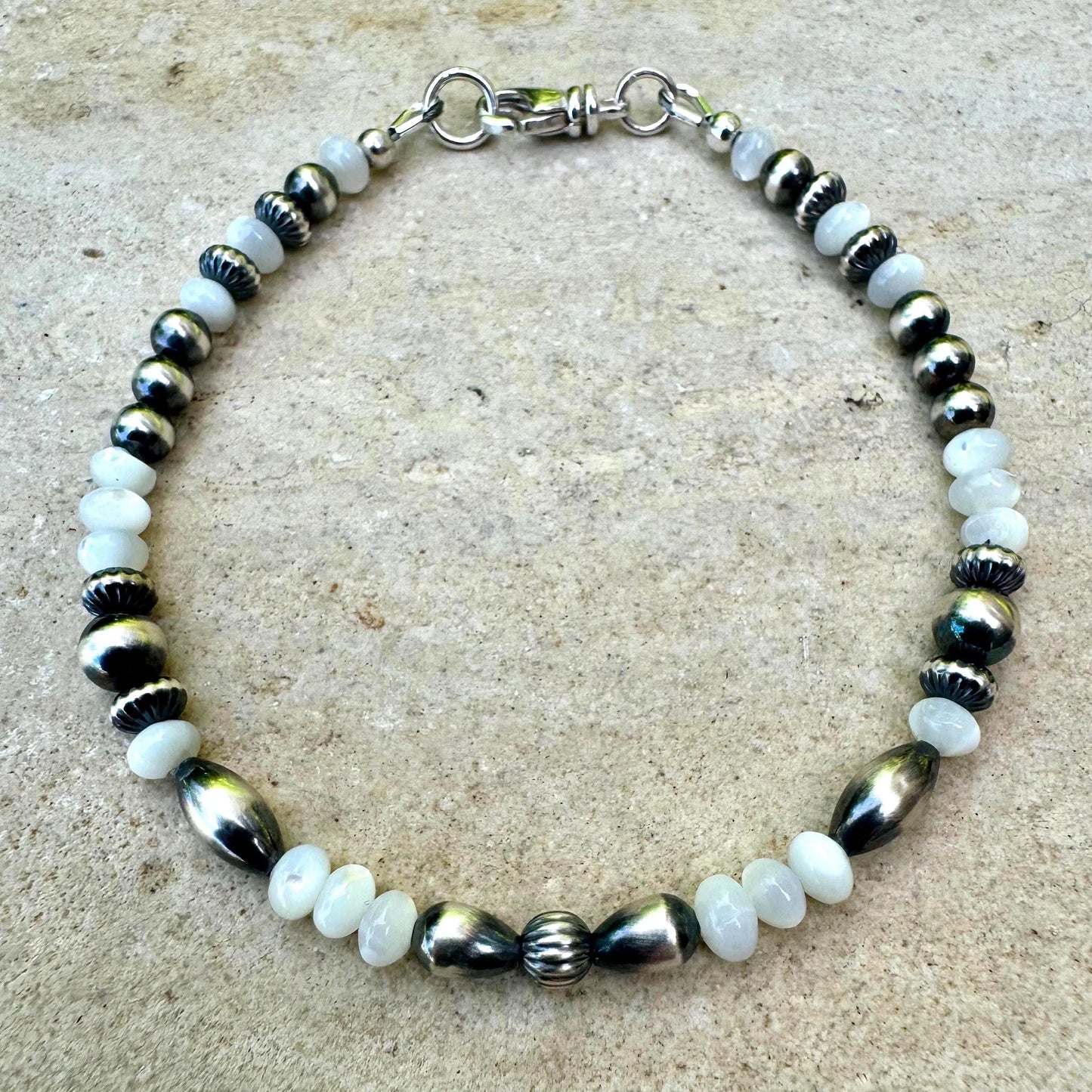 Navajo Pearl & Mother of Pearl Bracelet - Sterling Silver Beaded Gemstone Jewelry
