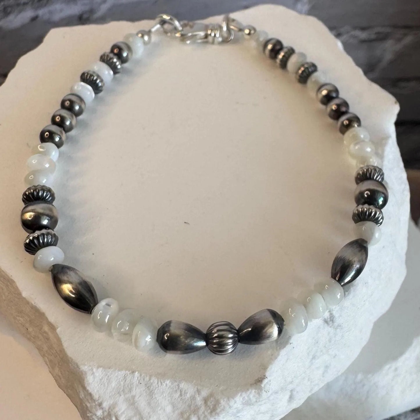 Navajo Pearl & Mother of Pearl Bracelet - Sterling Silver Beaded Gemstone Jewelry