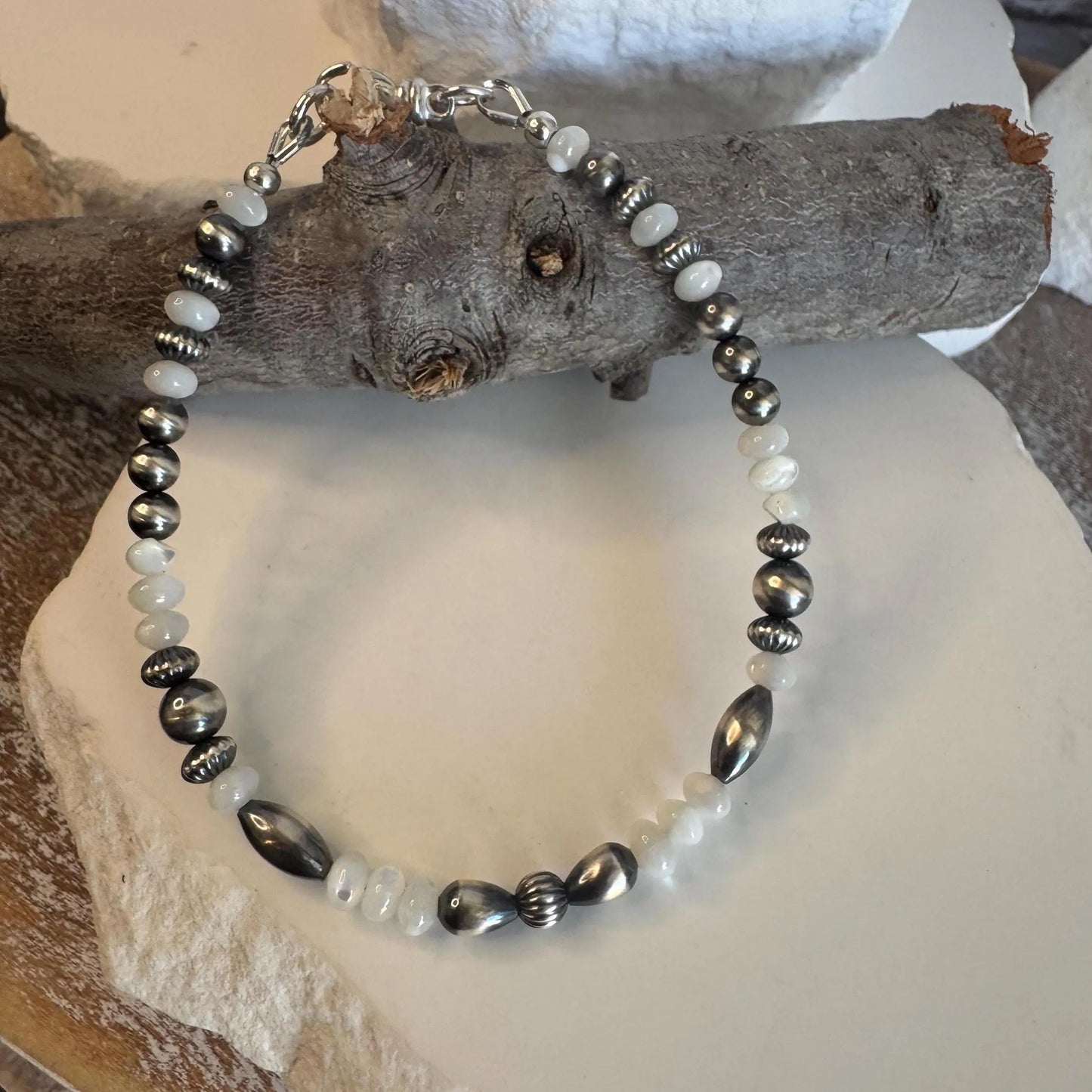 Navajo Pearl & Mother of Pearl Bracelet - Sterling Silver Beaded Gemstone Jewelry