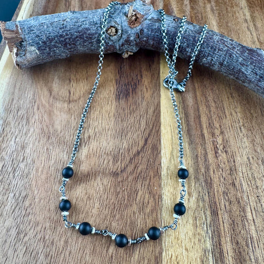 Onyx & Sterling Silver Wrap Necklace | Elegant Gemstone Statement Piece