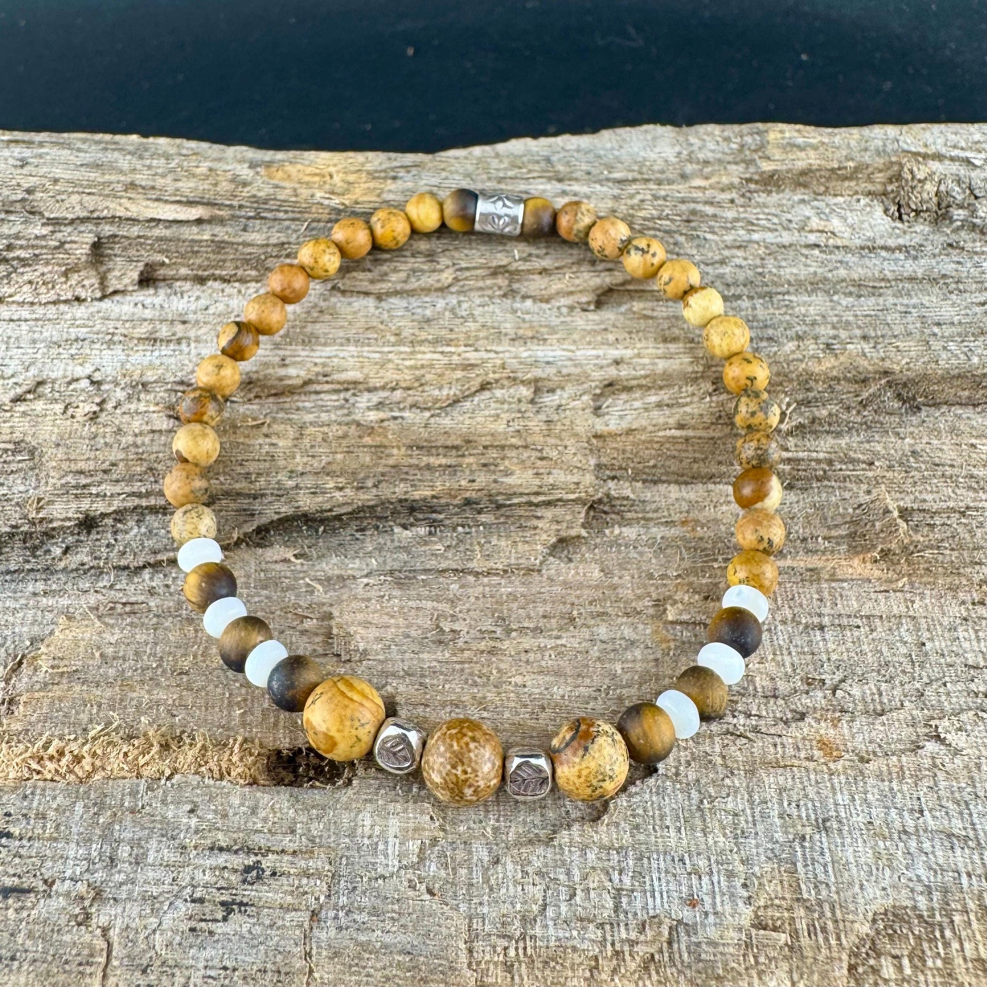 Picture Jasper Tiger Eye Stretch Bracelet – Sterling Silver Spacers, Stackable Dainty Gemstone Jewelry