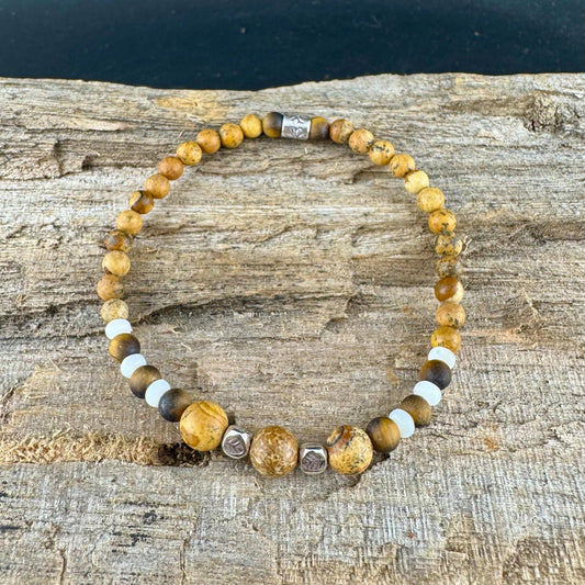 Picture Jasper Tiger Eye Stretch Bracelet – Sterling Silver Spacers, Stackable Dainty Gemstone Jewelry