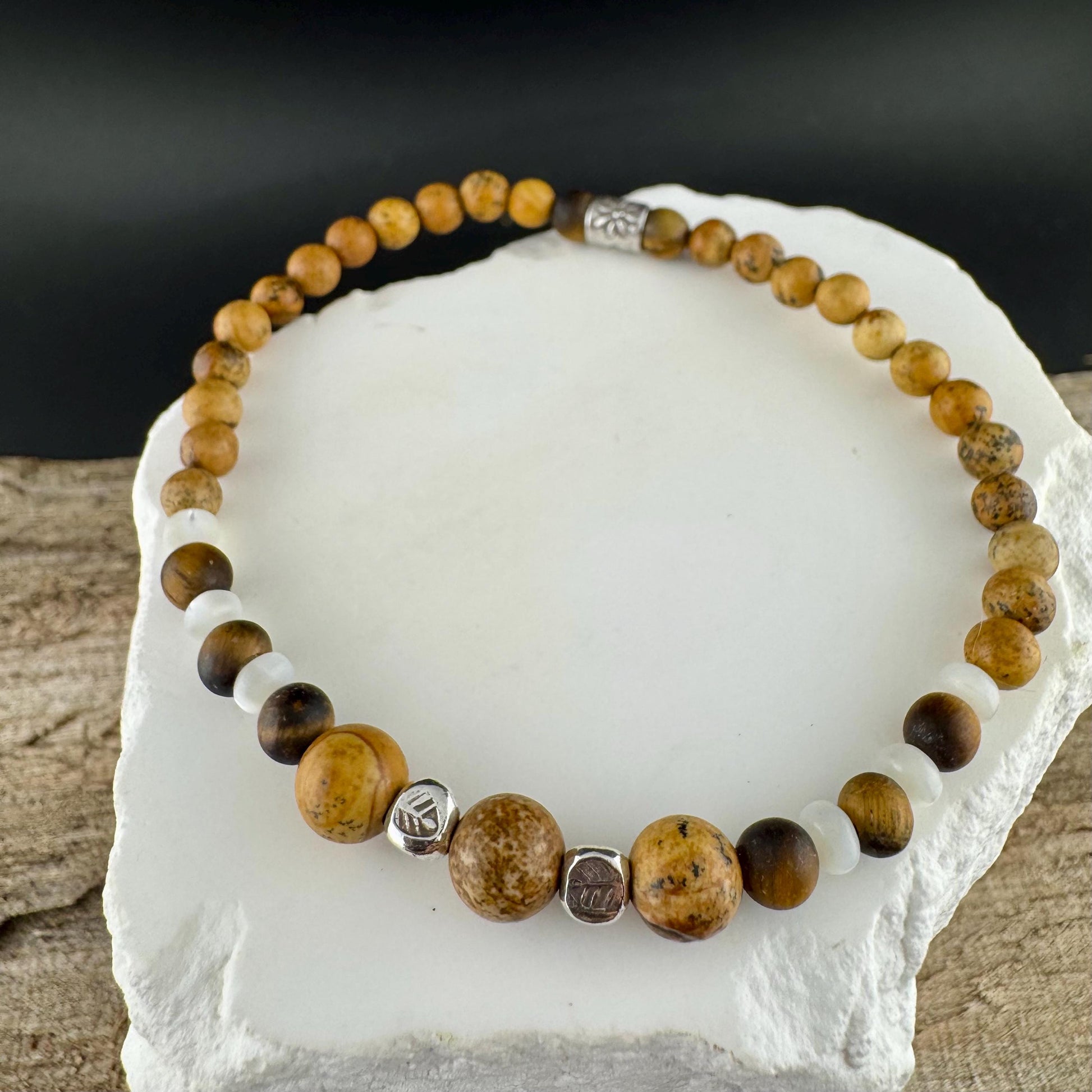 Picture Jasper Tiger Eye Stretch Bracelet – Sterling Silver Spacers, Stackable Dainty Gemstone Jewelry