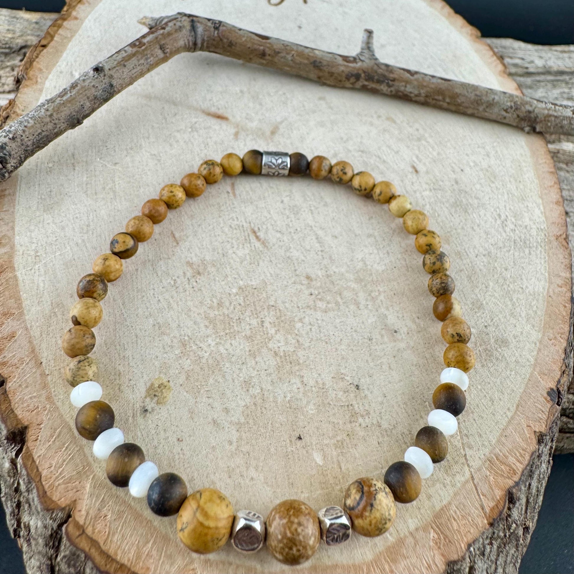 Picture Jasper Tiger Eye Stretch Bracelet – Sterling Silver Spacers, Stackable Dainty Gemstone Jewelry