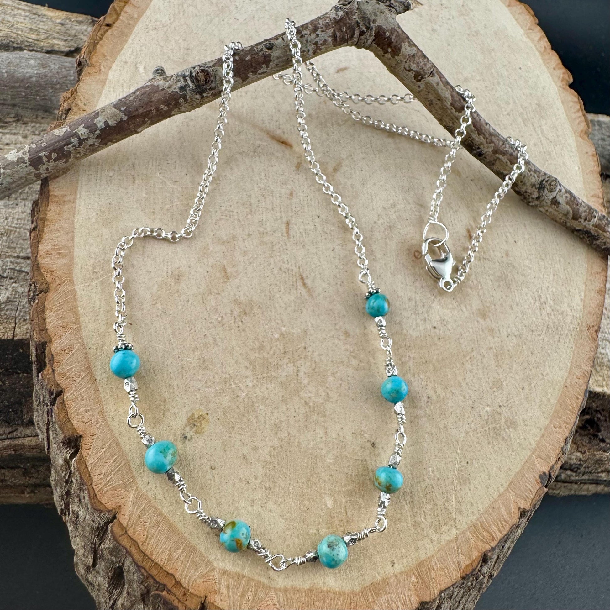 Turquoise Sterling Silver Wire Wrapped Necklace: Kingman Turquoise Jewelry