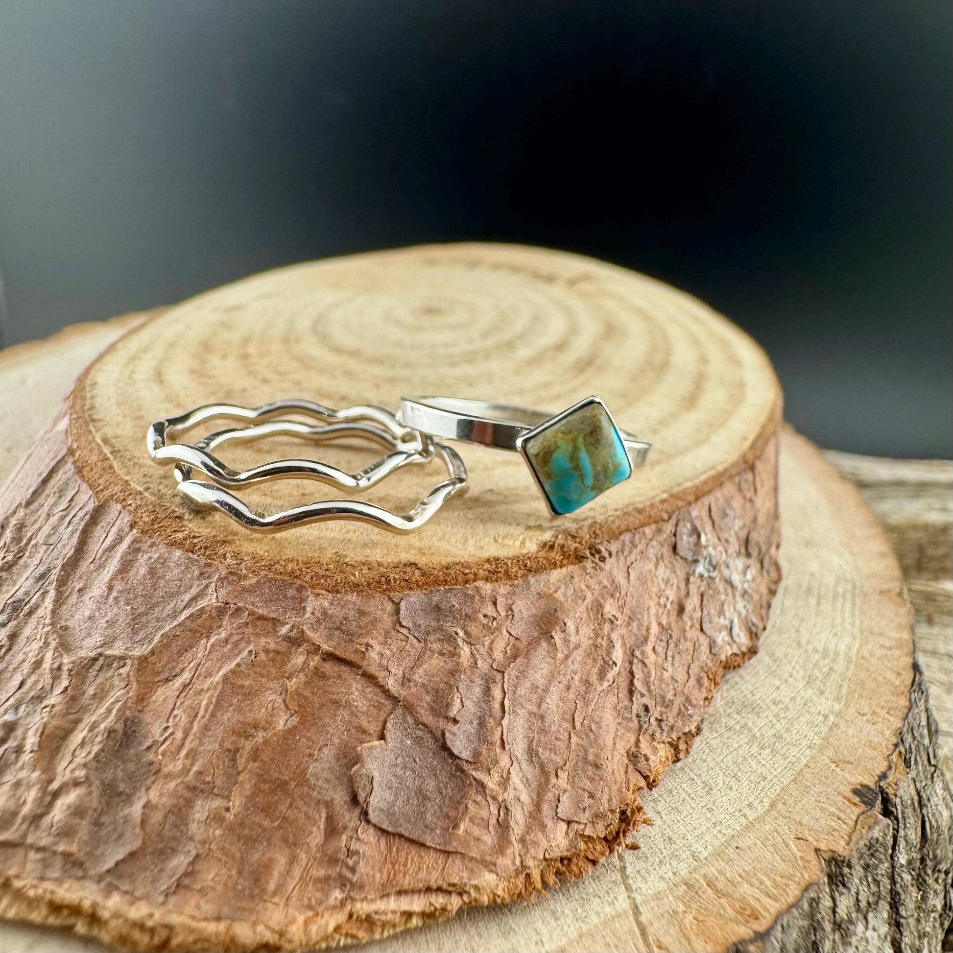 Turquoise Sterling Silver Dainty Stacking Rings Set of 3 - Hammered & Smooth Finish