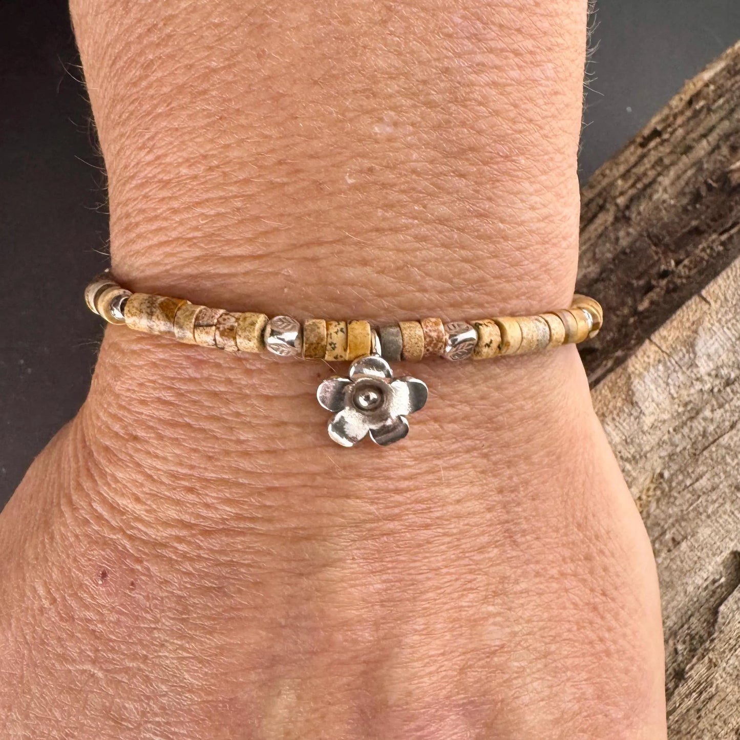 Picture Jasper Bracelet with Sterling Silver Flower Charm - Stackable Boho Gemstone Jewelry
