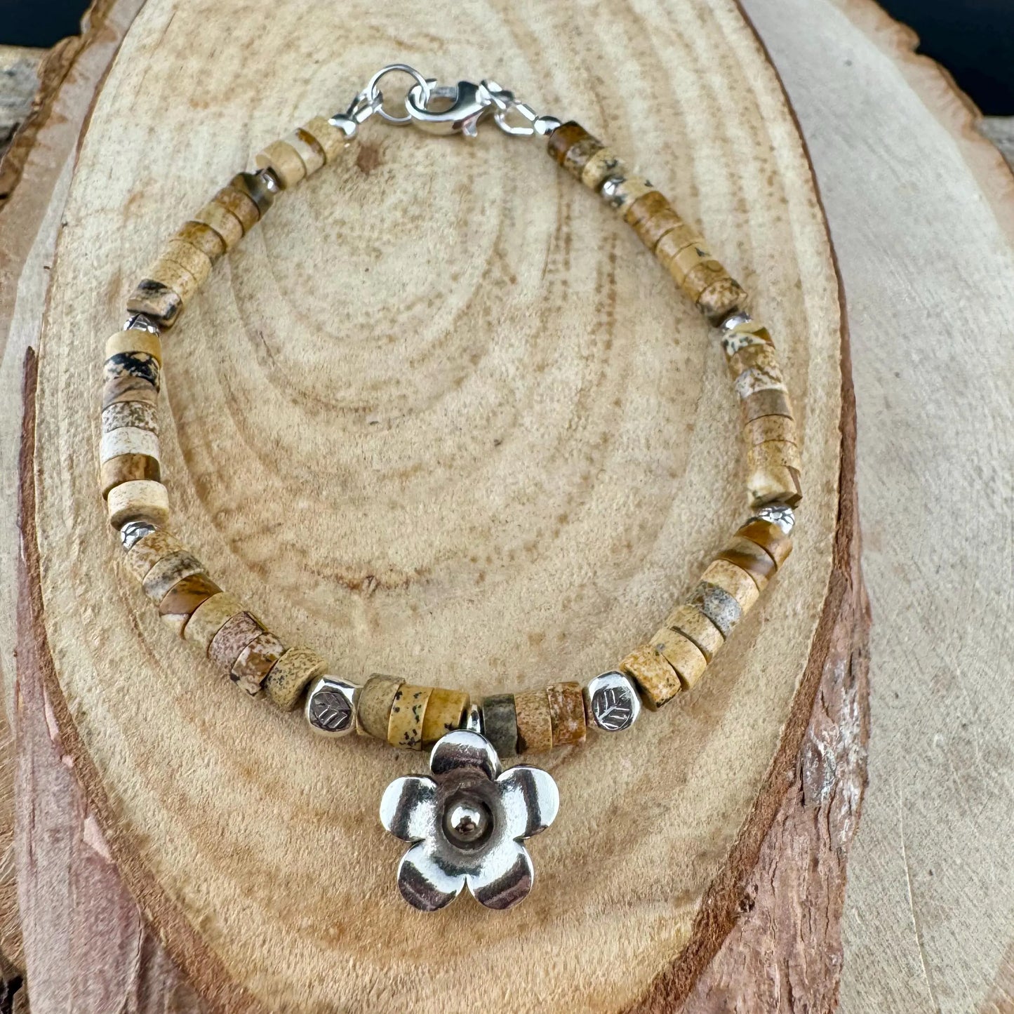 Picture Jasper Bracelet with Sterling Silver Flower Charm - Stackable Boho Gemstone Jewelry