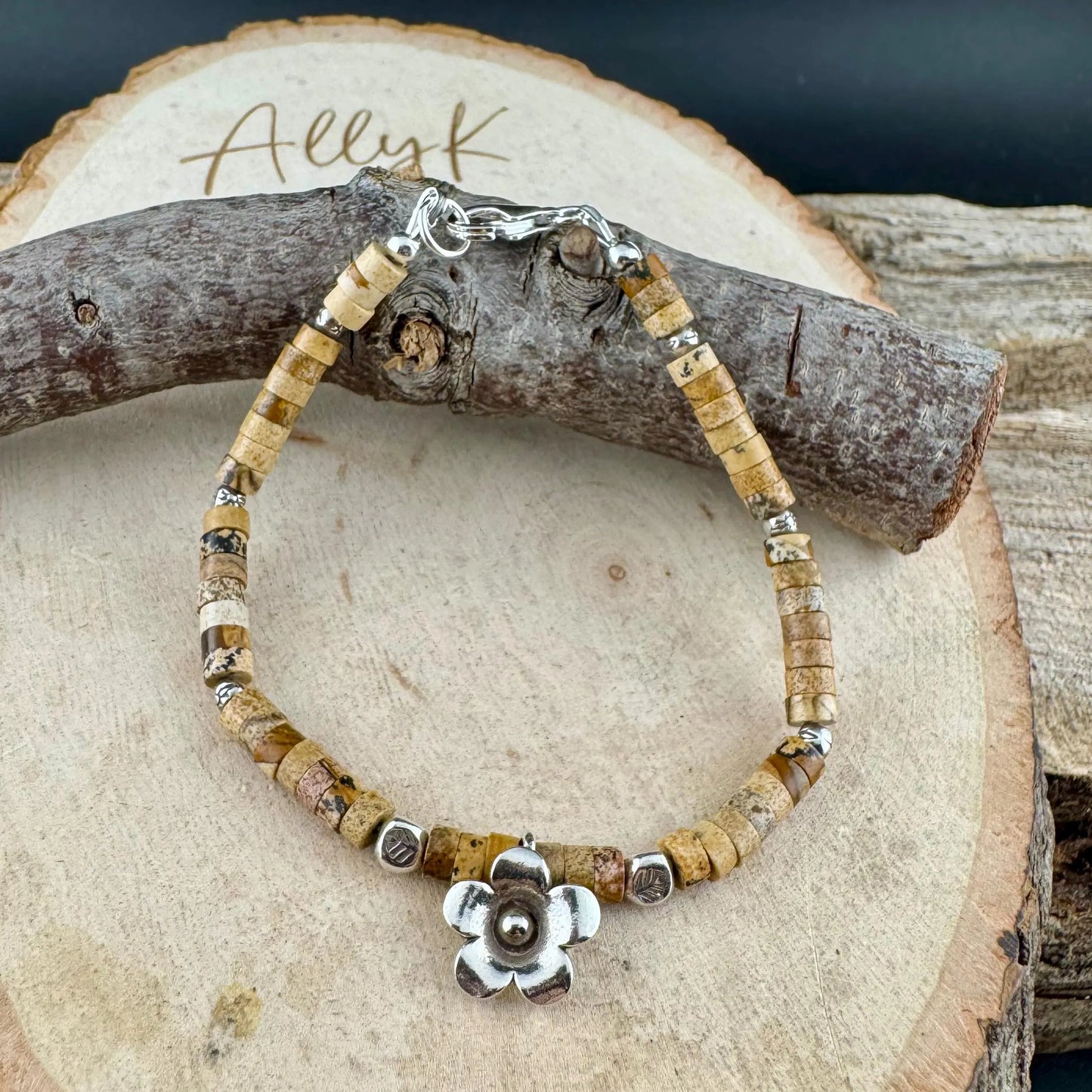 Picture Jasper Bracelet with Sterling Silver Flower Charm - Stackable Boho Gemstone Jewelry