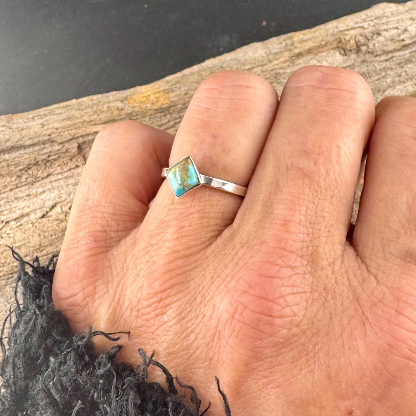 Turquoise Sterling Silver Bezel Band- Hammered & Smooth Finish