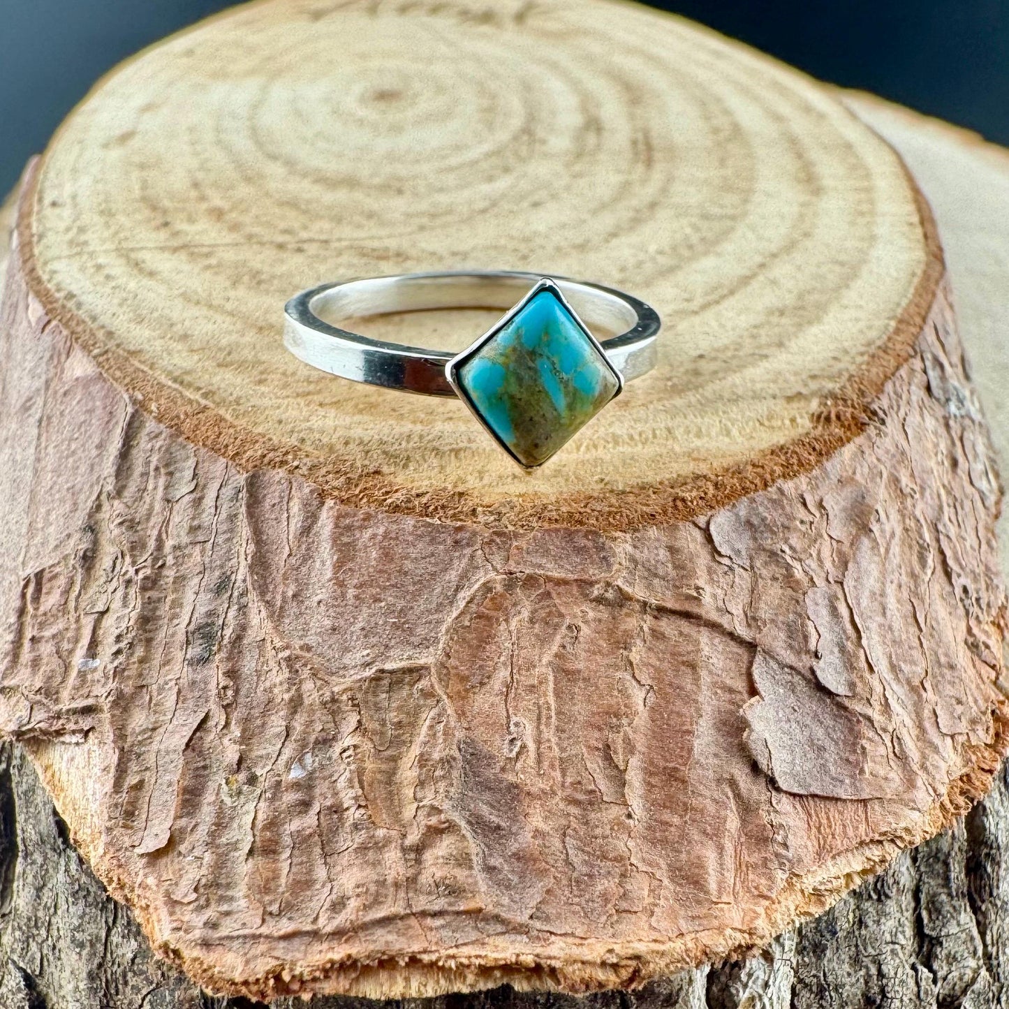 Turquoise Sterling Silver Bezel Band- Hammered & Smooth Finish