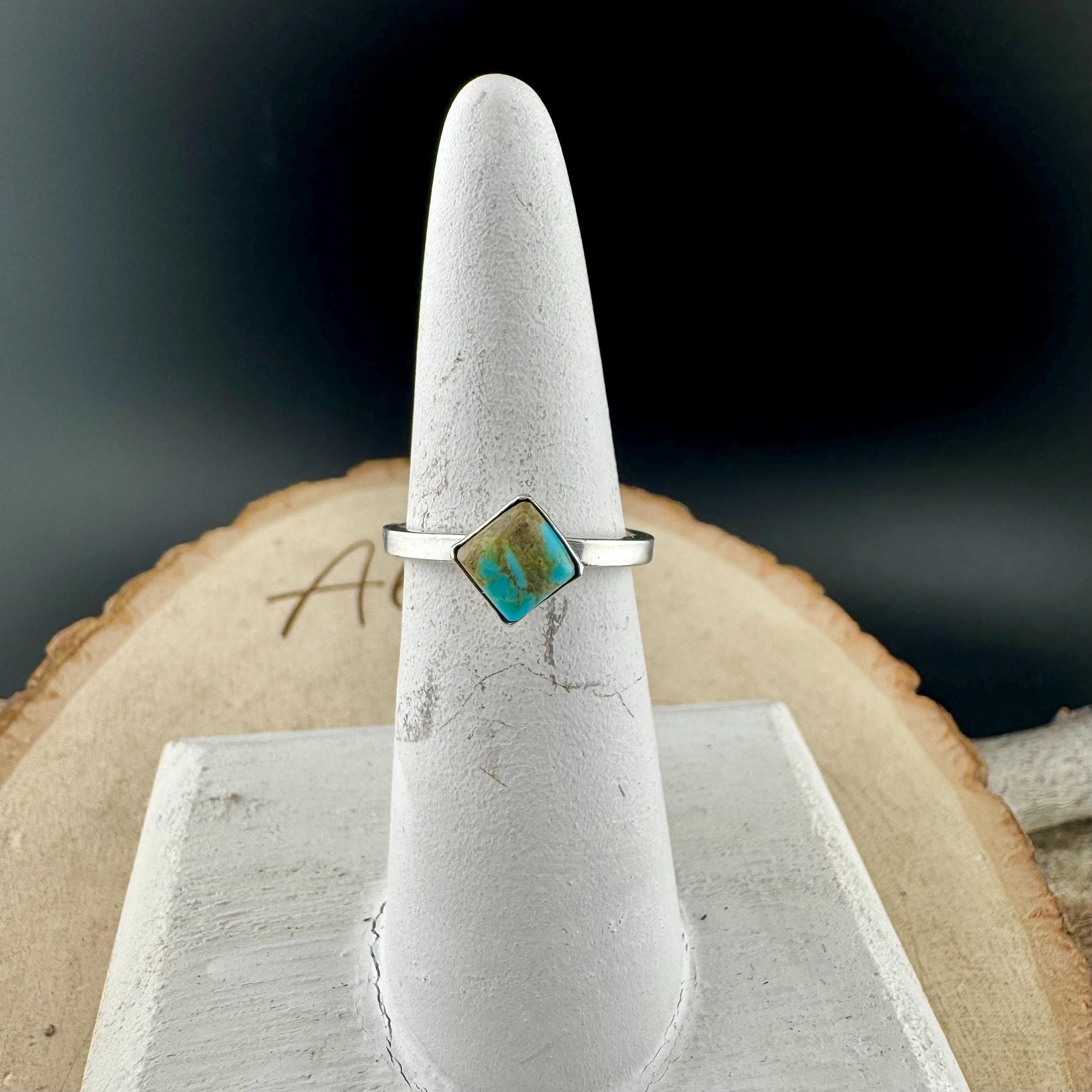 Turquoise Sterling Silver Bezel Band- Hammered & Smooth Finish