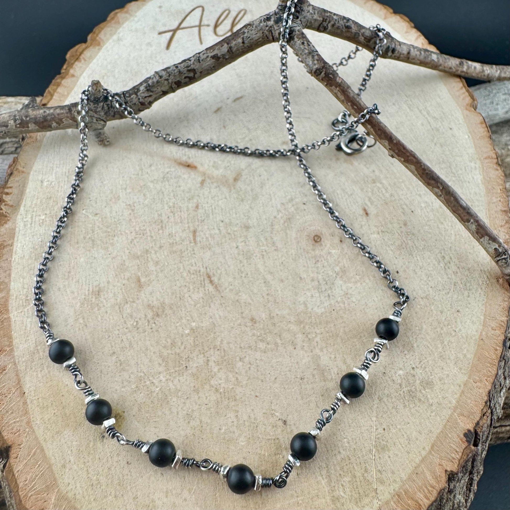 Onyx & Sterling Silver Wrap Necklace | Elegant Gemstone Statement Piece