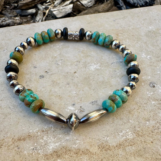 Stretch Kingman Turquoise & Onyx Bracelet | Handcrafted Navajo Pearl Silver Jewelry