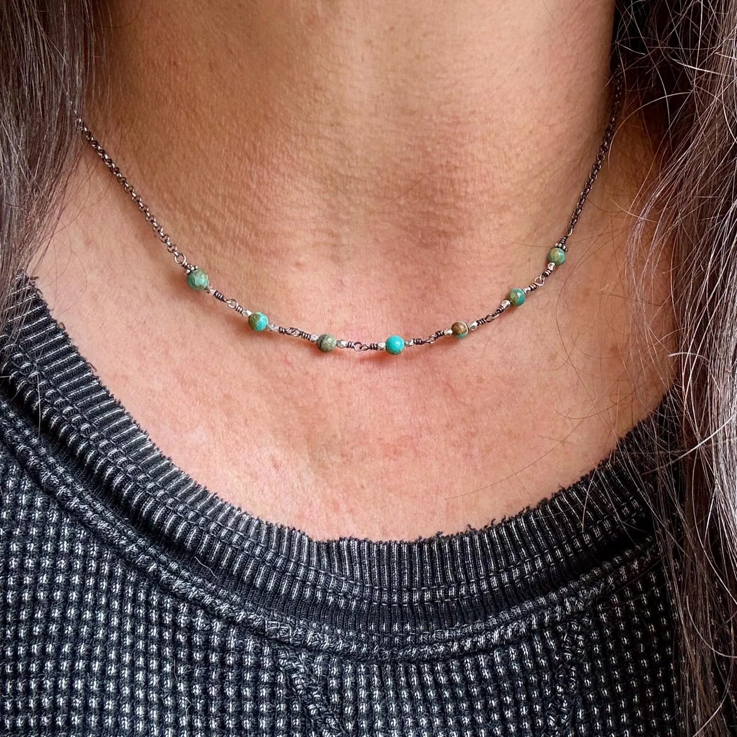 Sterling Silver Turquoise Wire Wrapped Necklace: Kingman Blue Green Turquoise Jewelry