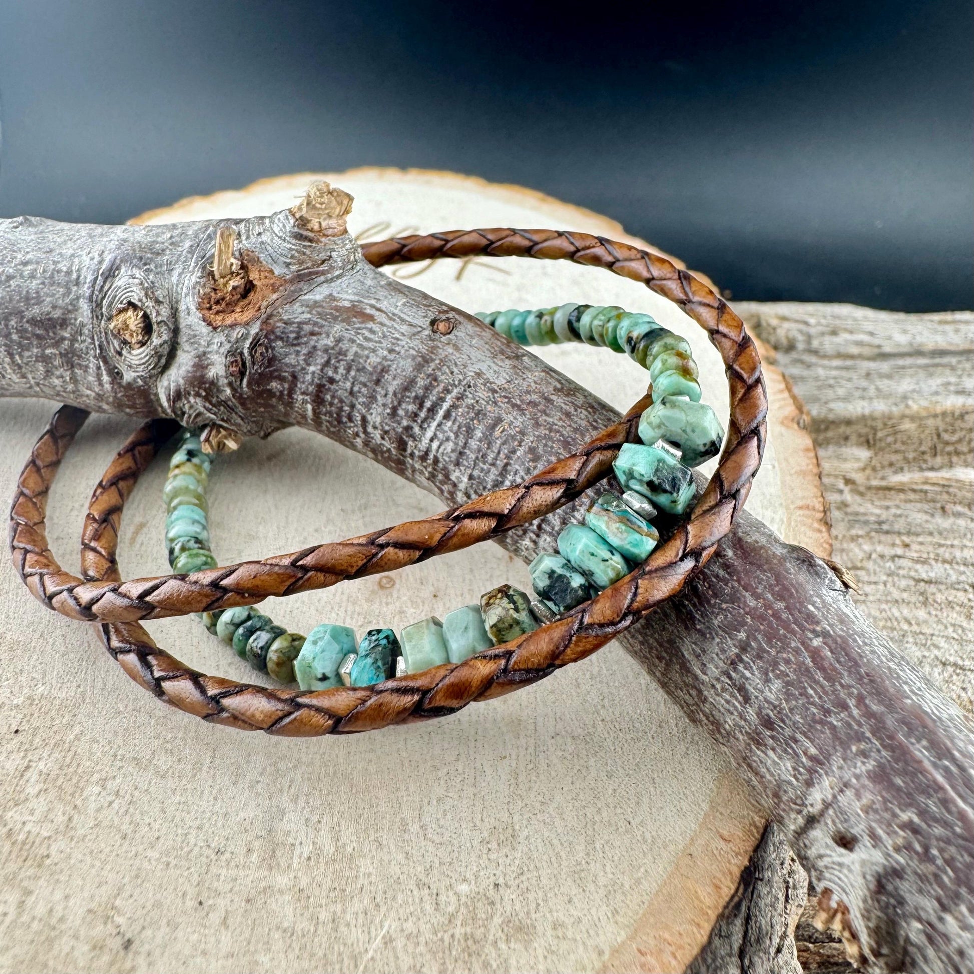 African Turquoise Multi Wrap Bracelet | Braided Leather & Sterling Silver Cuff | Unisex Design