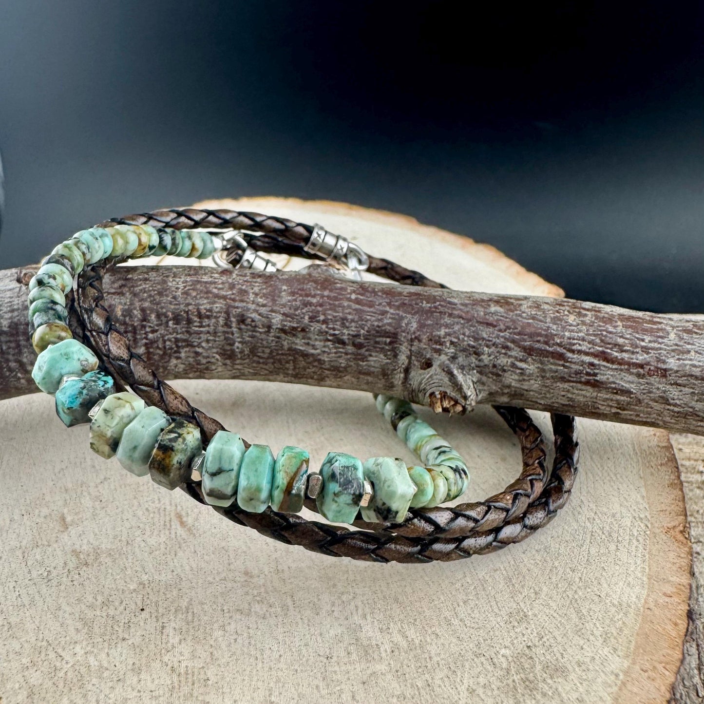 African Turquoise Multi Wrap Bracelet | Braided Leather & Sterling Silver Cuff | Unisex Design