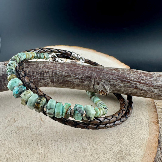 African Turquoise Multi Wrap Bracelet | Braided Leather & Sterling Silver Cuff | Unisex Design