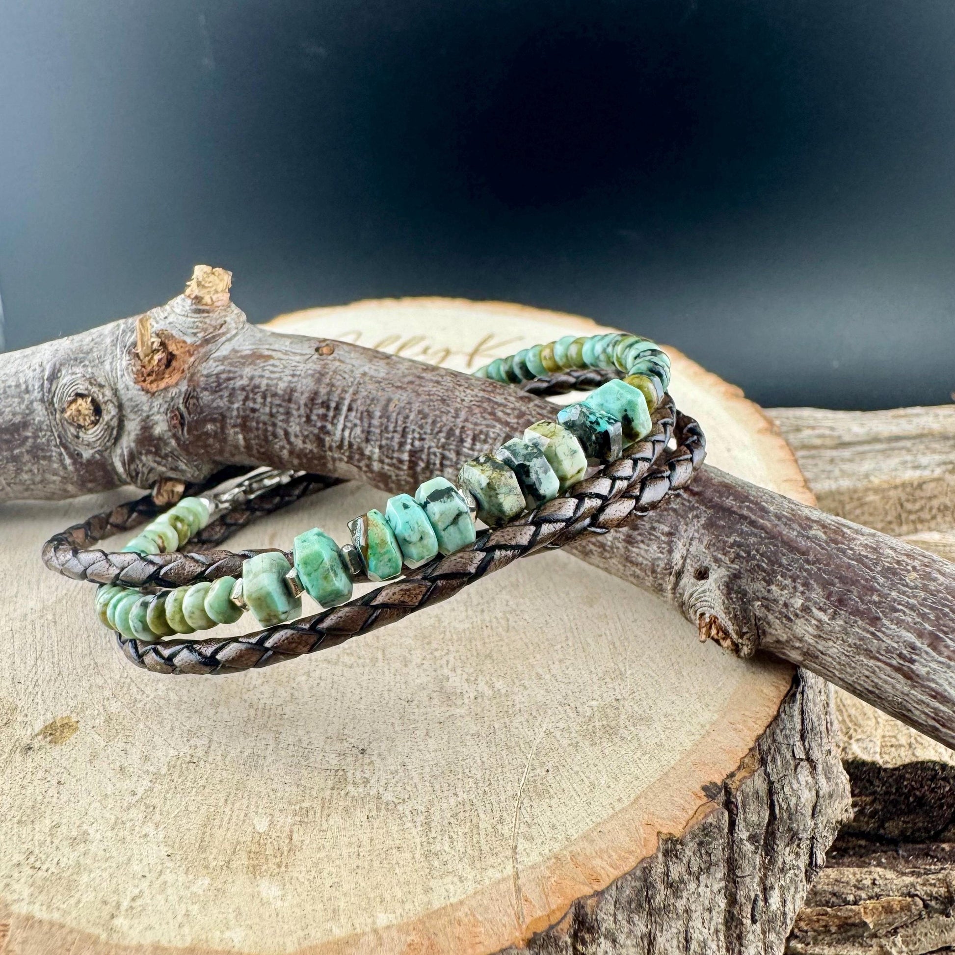 African Turquoise Multi Wrap Bracelet | Braided Leather & Sterling Silver Cuff | Unisex Design
