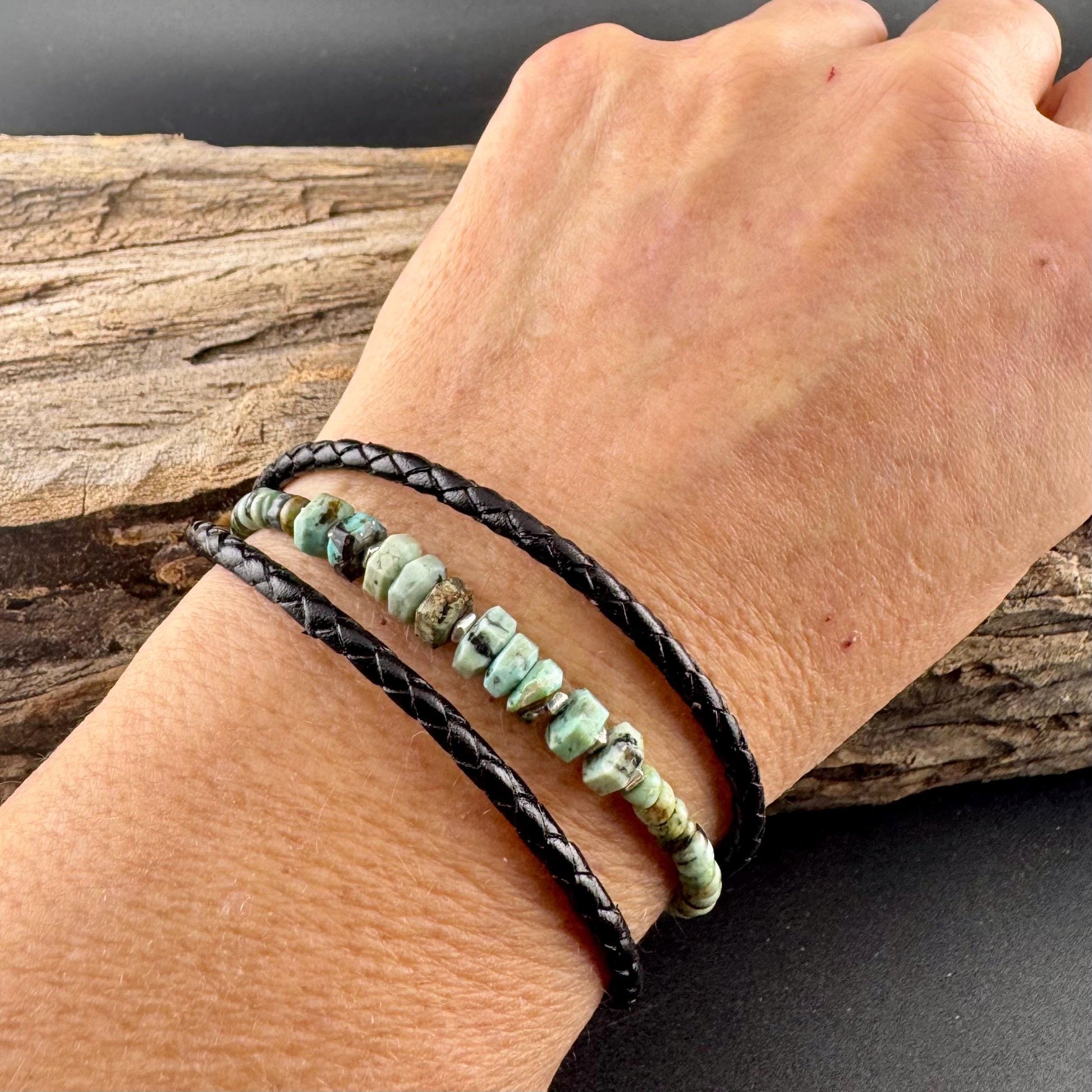 African Turquoise Multi Wrap Bracelet | Braided Leather & Sterling Silver Cuff | Unisex Design