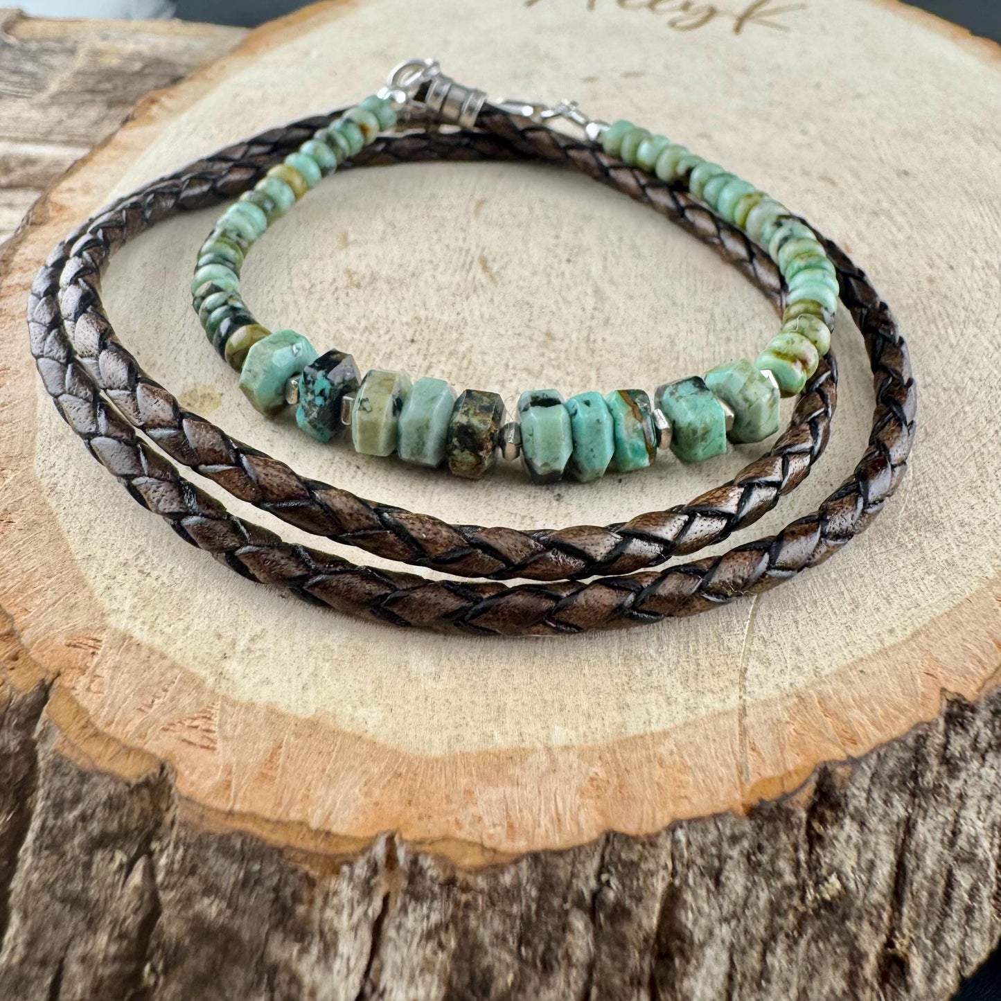 African Turquoise Multi Wrap Bracelet | Braided Leather & Sterling Silver Cuff | Unisex Design