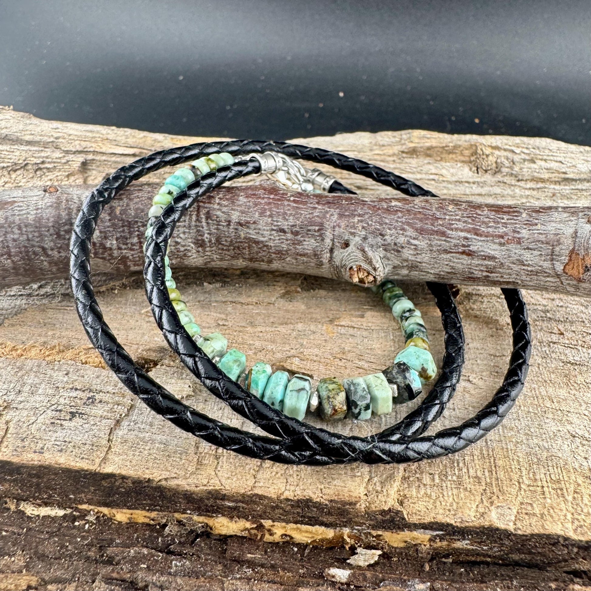African Turquoise Multi Wrap Bracelet | Braided Leather & Sterling Silver Cuff | Unisex Design