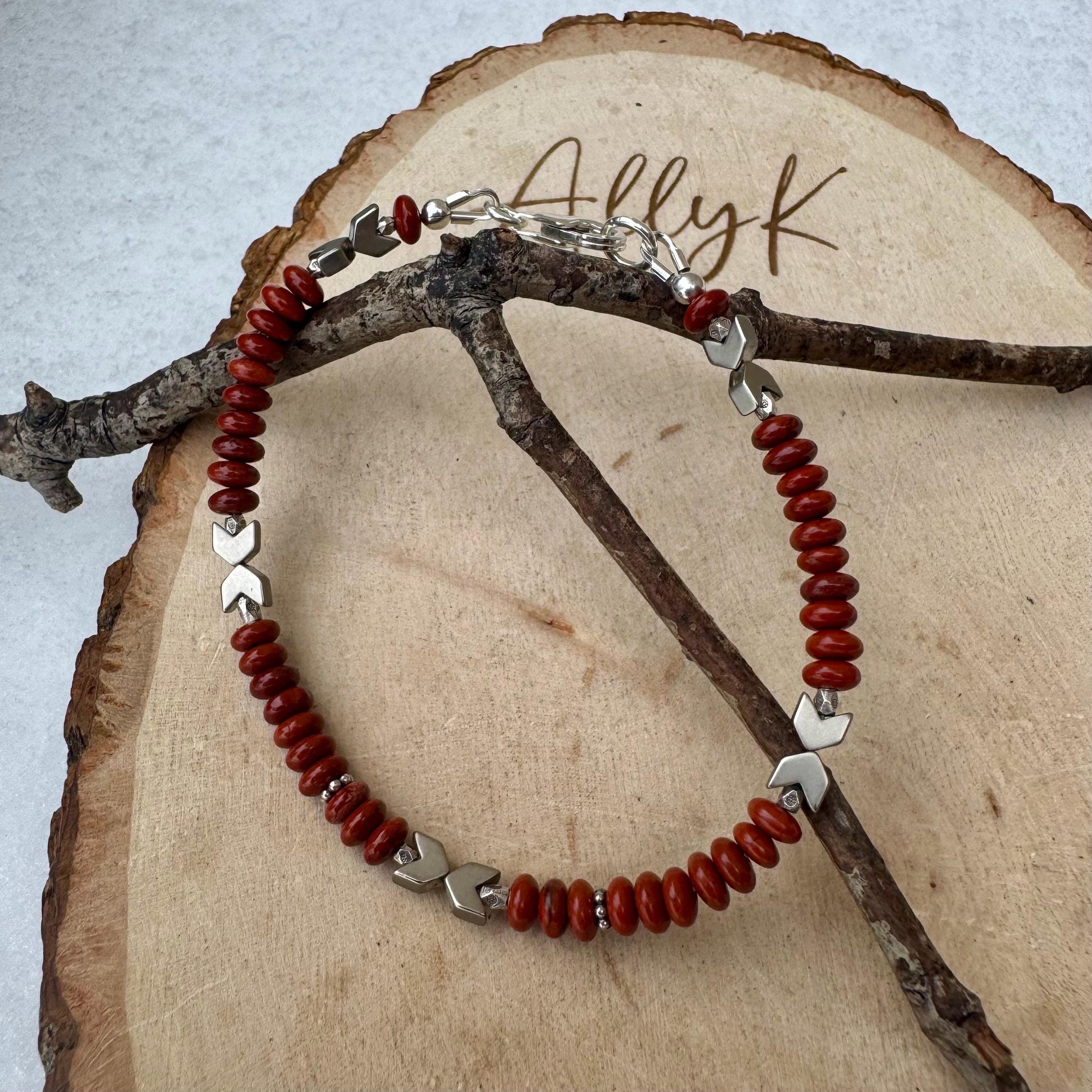 Stackable Red Jasper & Hematite Bracelet – Sterling Silver Beaded Gemstone Accessory