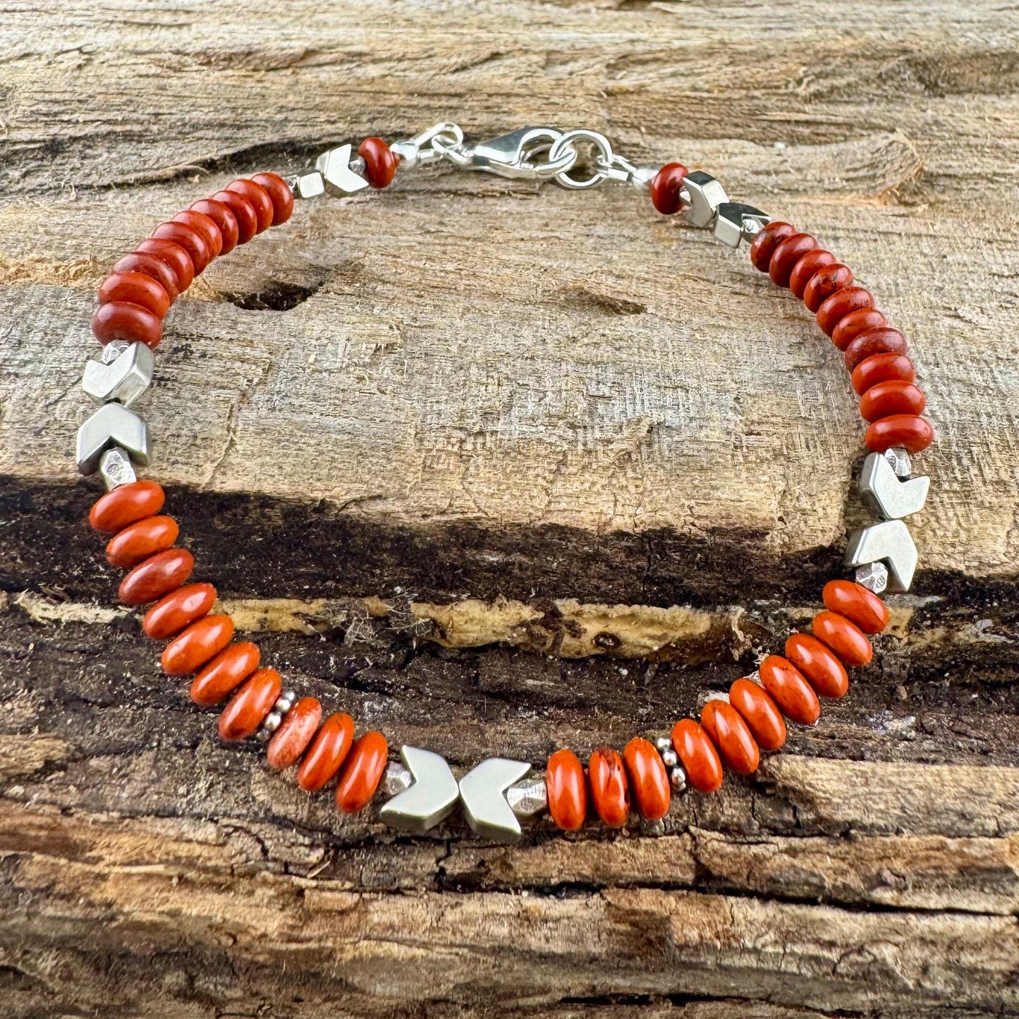 Stackable Red Jasper & Hematite Bracelet – Sterling Silver Beaded Gemstone Accessory