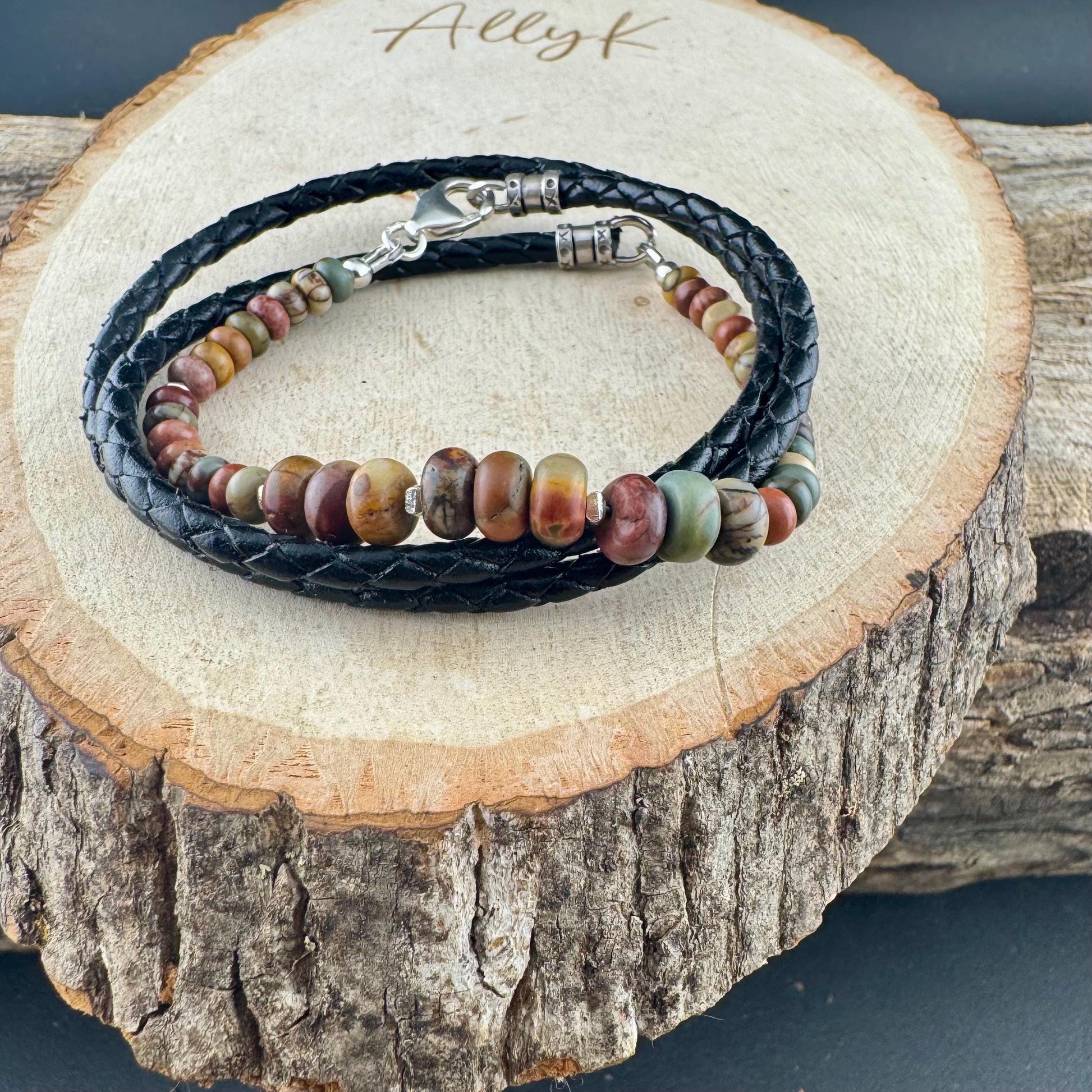 Picasso Jasper Braided Leather Multi Wrap Bracelet - Unisex Sterling Silver Cuff