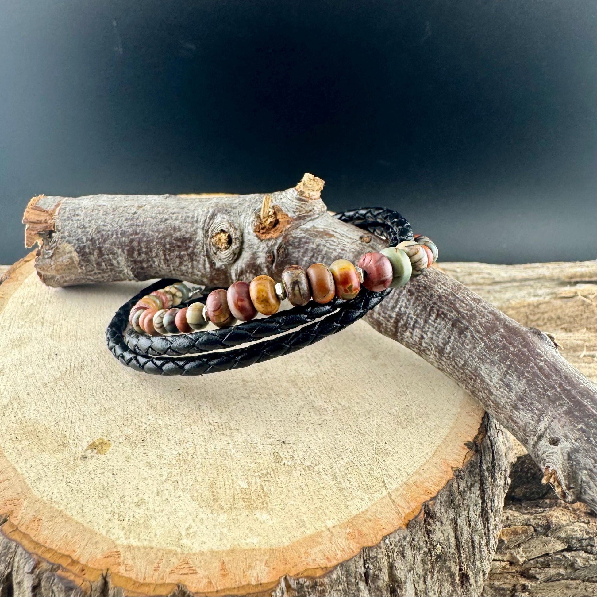Picasso Jasper Braided Leather Multi Wrap Bracelet - Unisex Sterling Silver Cuff