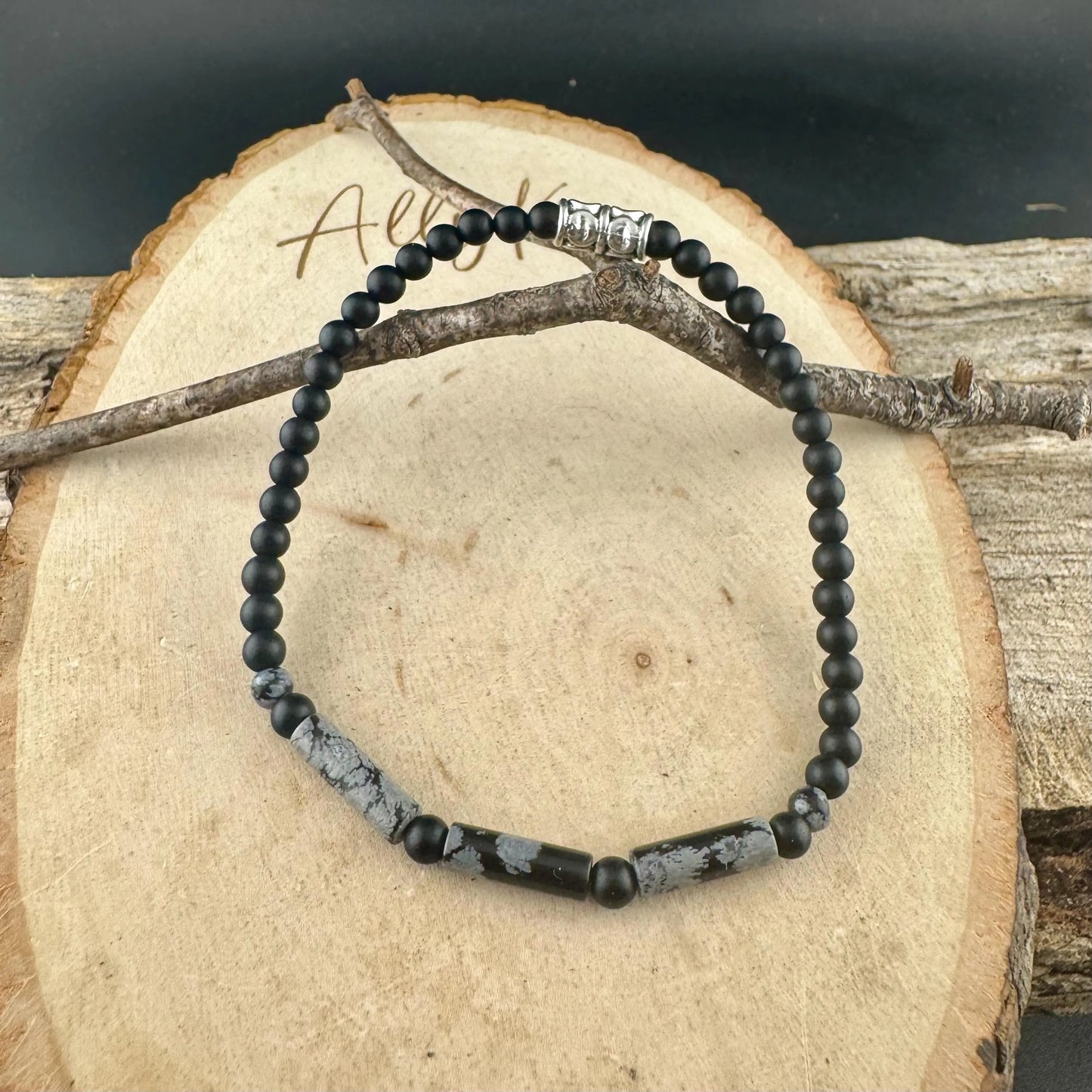 Natural Gemstone Snowflake Obsidian and Onyx Bracelet - Stretch Design