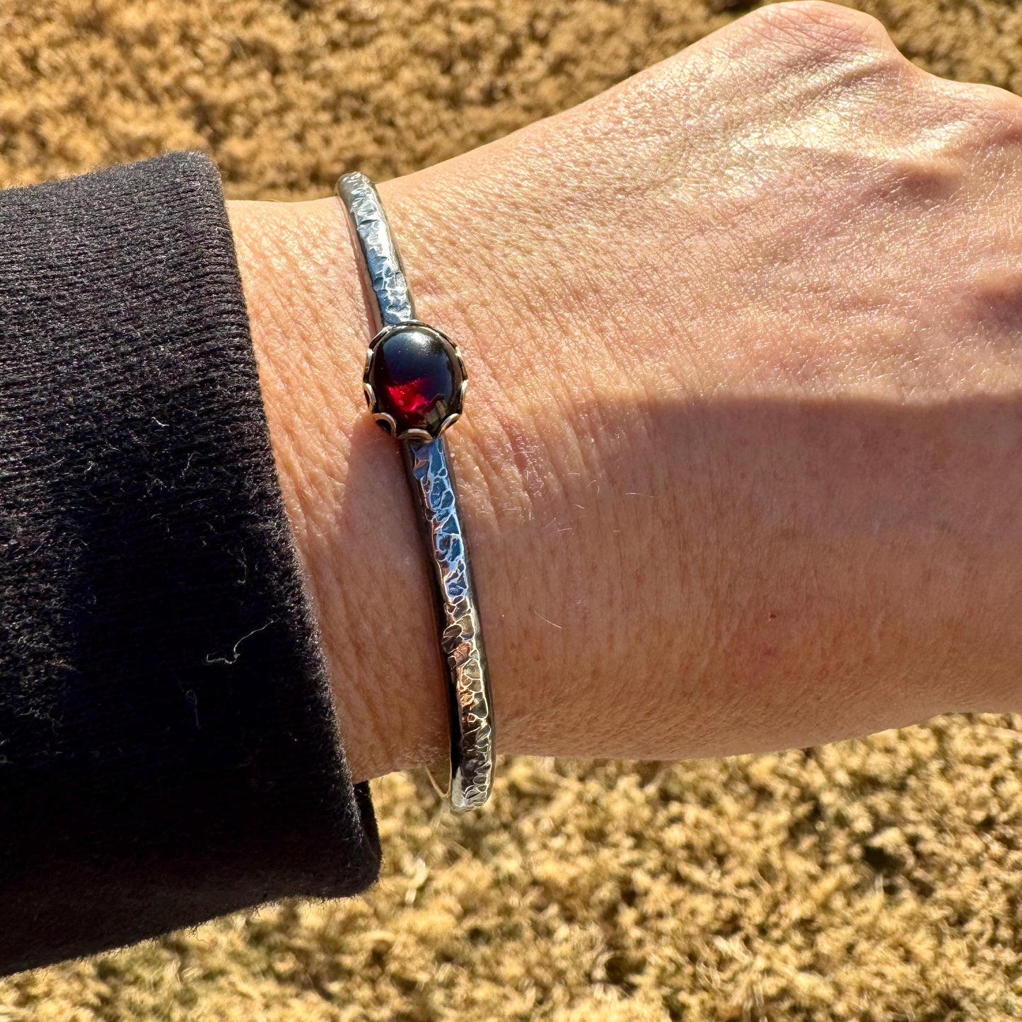 Unique Mixed Metal Garnet Cuff – Adjustable Handcrafted Sterling Silver Bracelet
