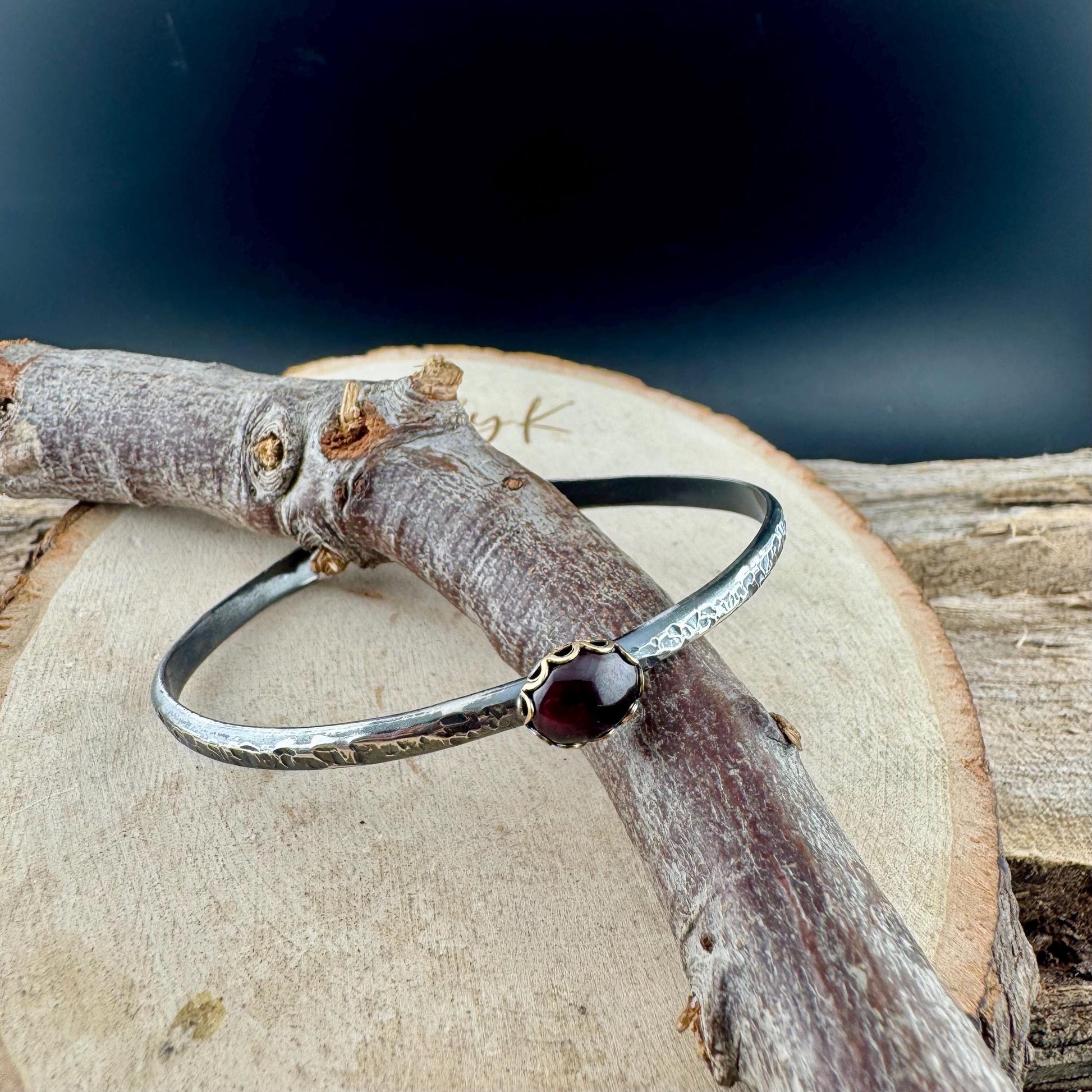 Unique Mixed Metal Garnet Cuff – Adjustable Handcrafted Sterling Silver Bracelet