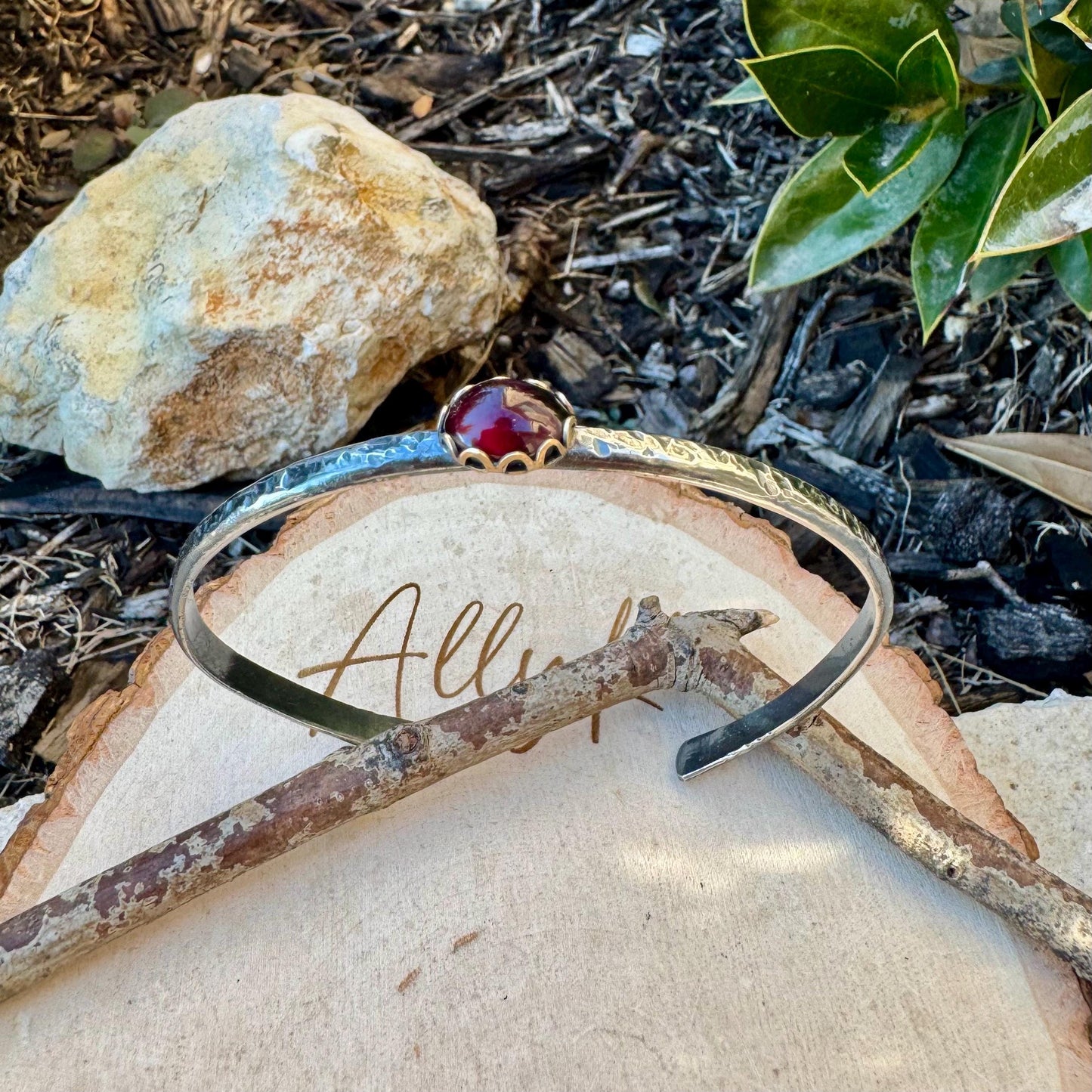 Unique Mixed Metal Garnet Cuff – Adjustable Handcrafted Sterling Silver Bracelet