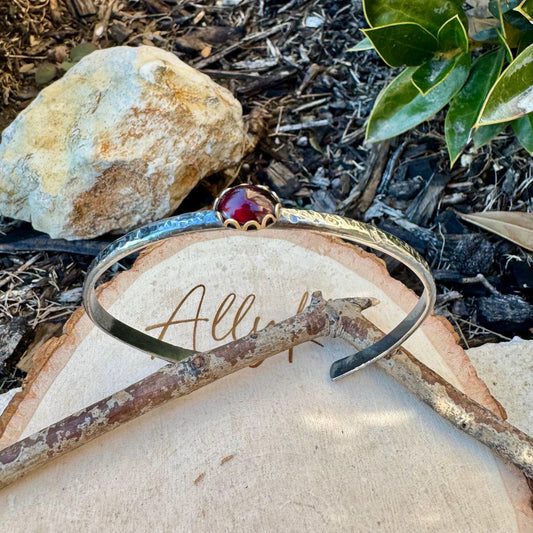 Unique Mixed Metal Garnet Cuff – Adjustable Handcrafted Sterling Silver Bracelet